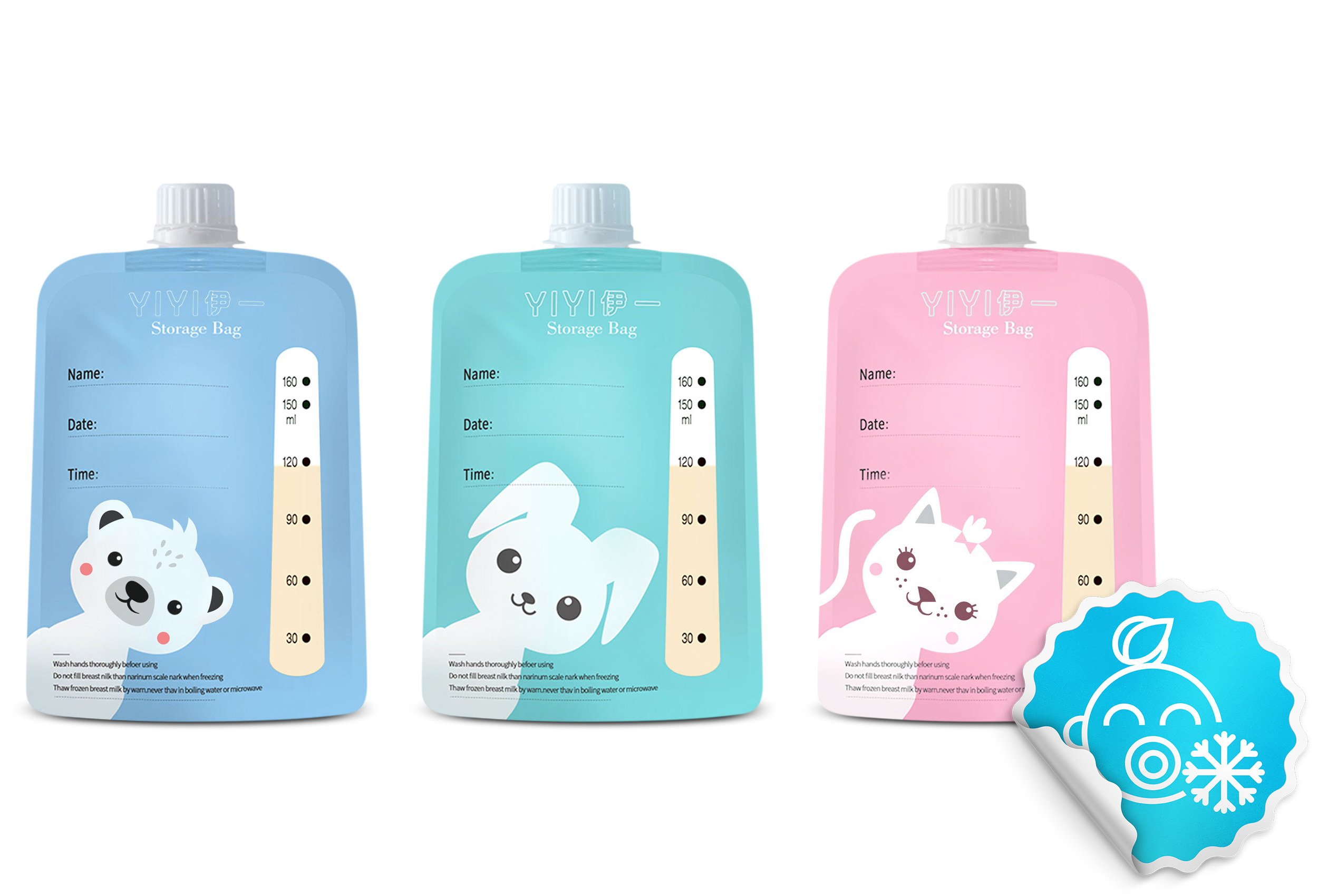 Trzy torby do przechowywania żywności dla niemowląt z uroczymi ilustracjami zwierząt. Każda torba ma sekcję nazwy, daty i godziny.