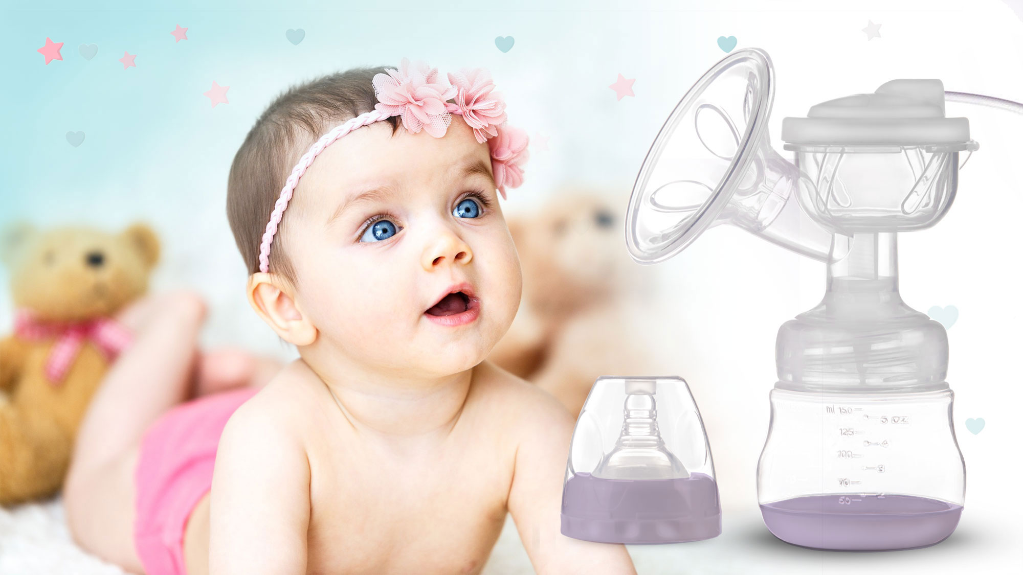 Dziewczynka patrząca w górę, w opasce na głowie. W tle misie i laktator.
