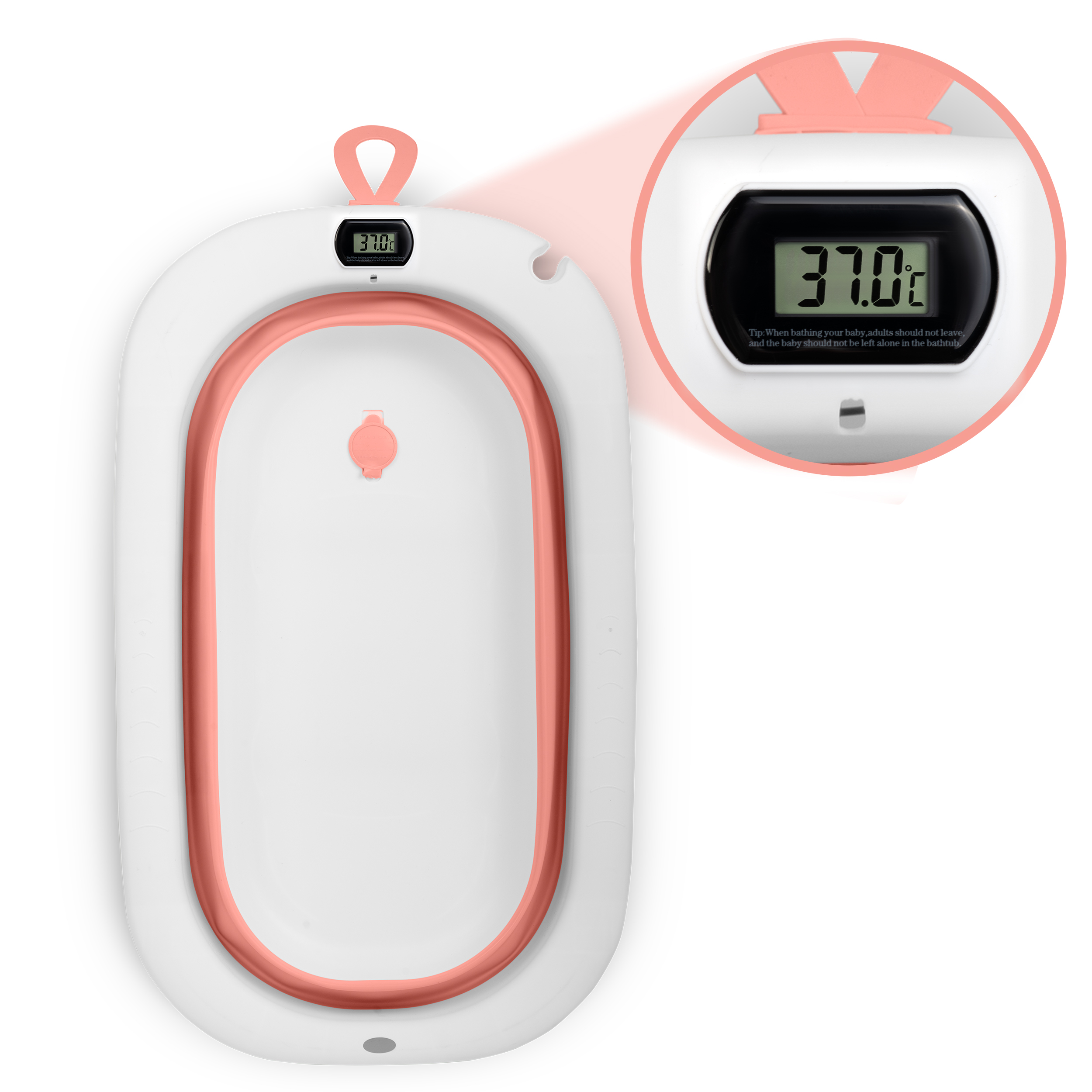 Wanienka dla dziecka z termometrem cyfrowym pokazującym 37,0°C. Wanienka jest różowa i biała.