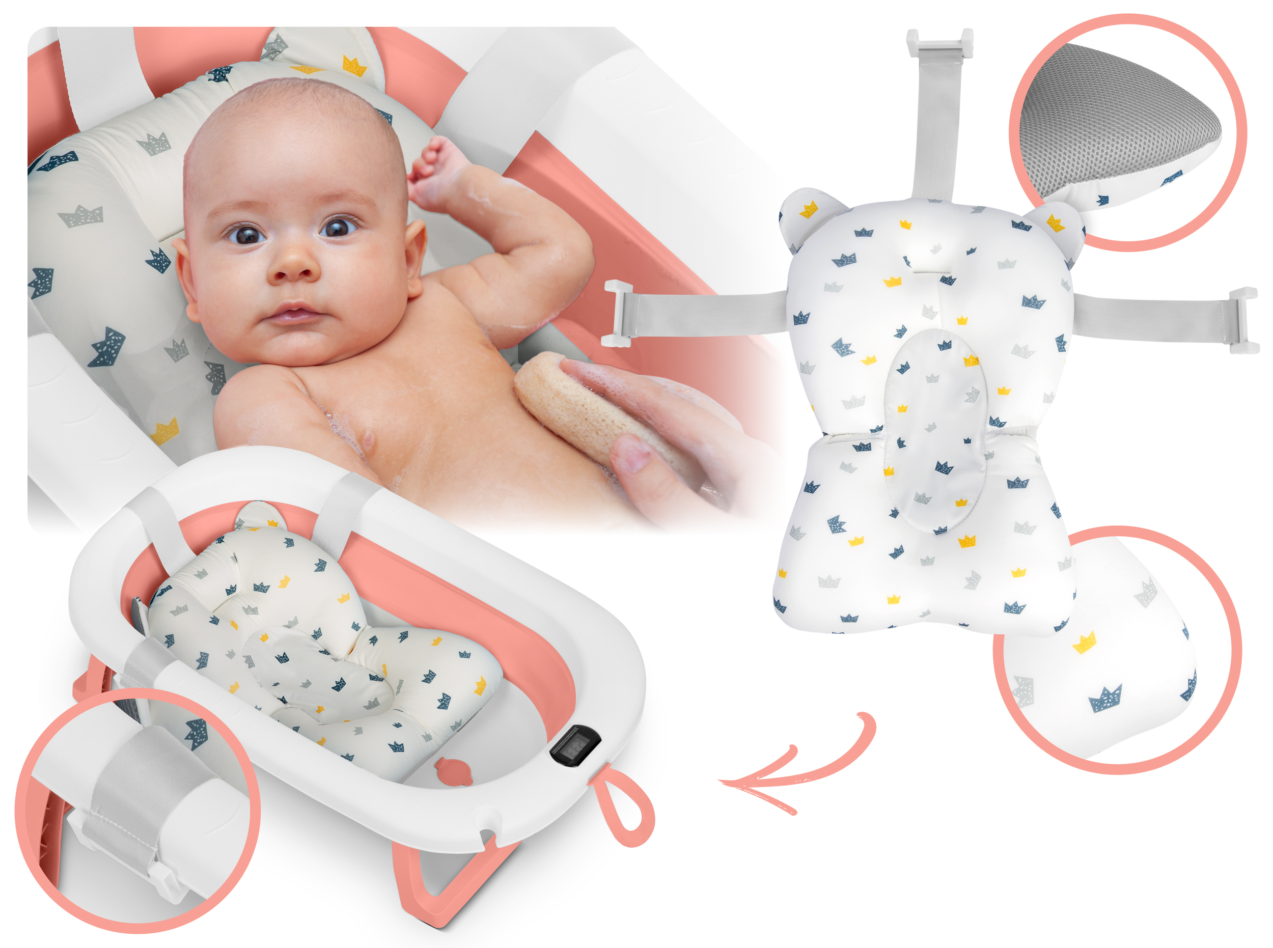 Dziecko w kąpieli. Widoczne siedzisko do kąpieli. Wanna jest różowa i biała z termometrem cyfrowym.