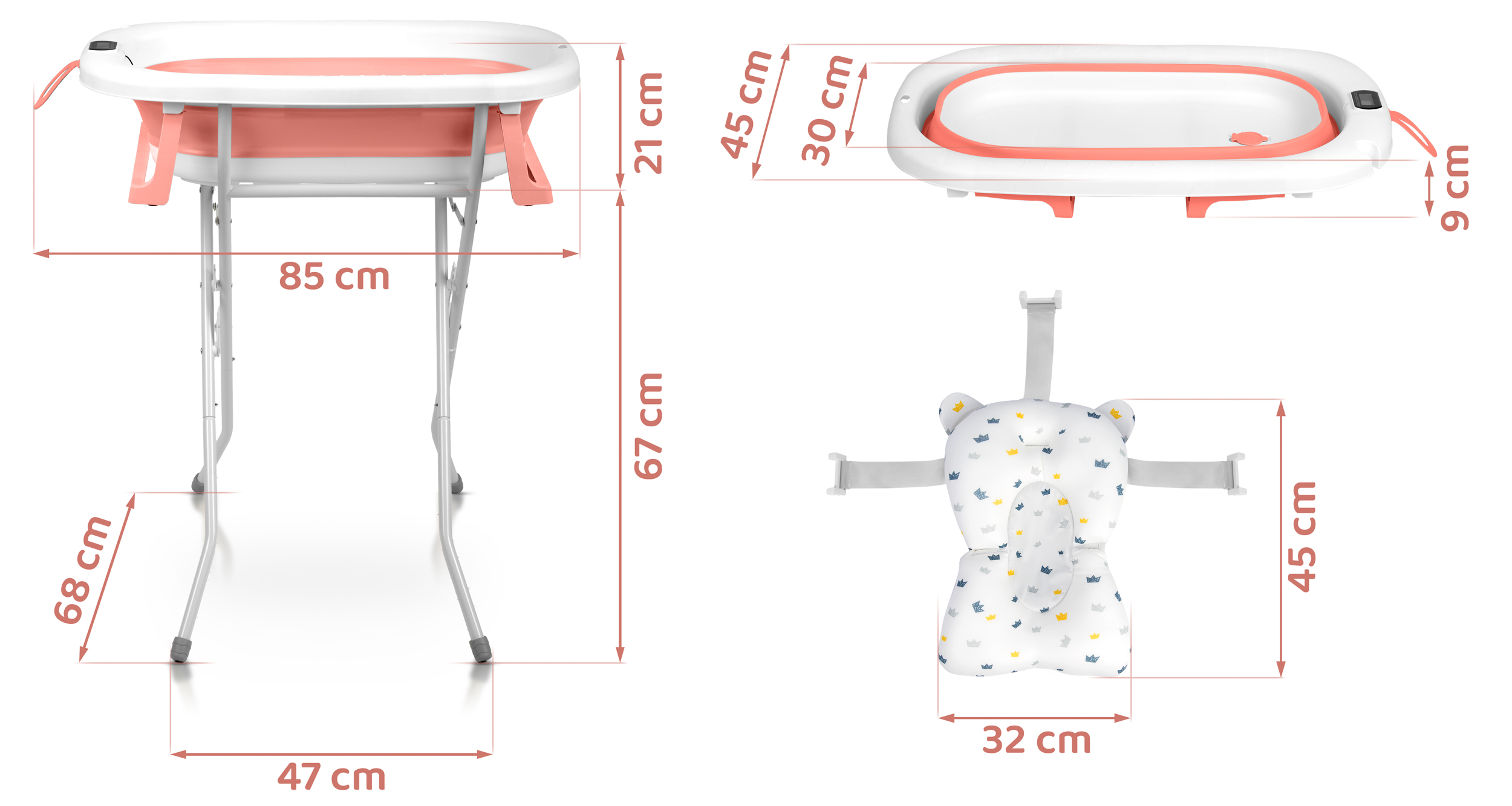 Wanienka dla dziecka pokazana z trzech perspektyw: przodu, boku i góry. Wymiary są uwzględnione.
