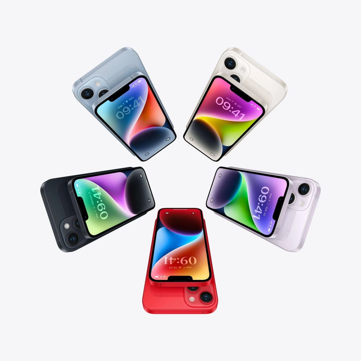 Cinco iPhones de diferentes colores están dispuestos en círculo, cada uno mostrando una pantalla con la hora 09:41.
