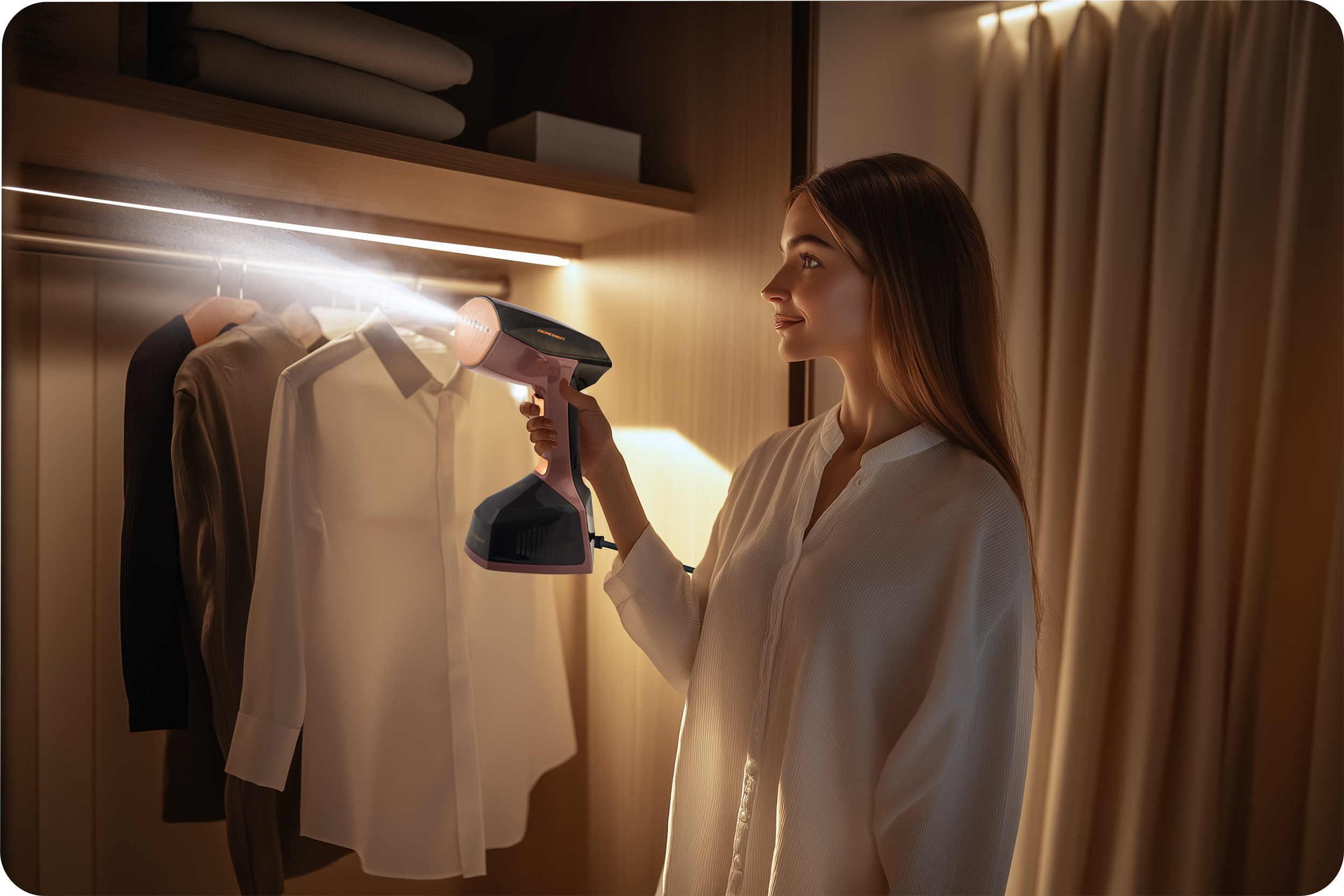 Kobieta prasuje białą koszulę wiszącą w szafie za pomocą ręcznego parownika do ubrań.
