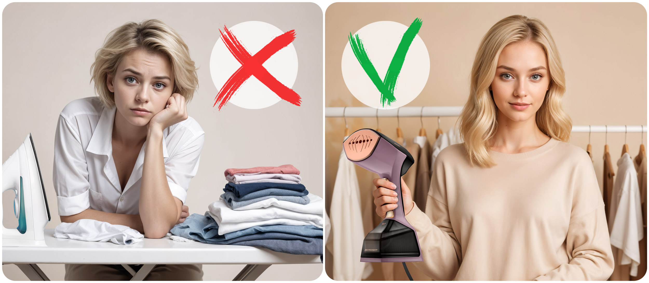 Porównanie przedstawia żelazko i parownicę do ubrań. Jedna osoba jest zirytowana, druga zadowolona z parownicy.