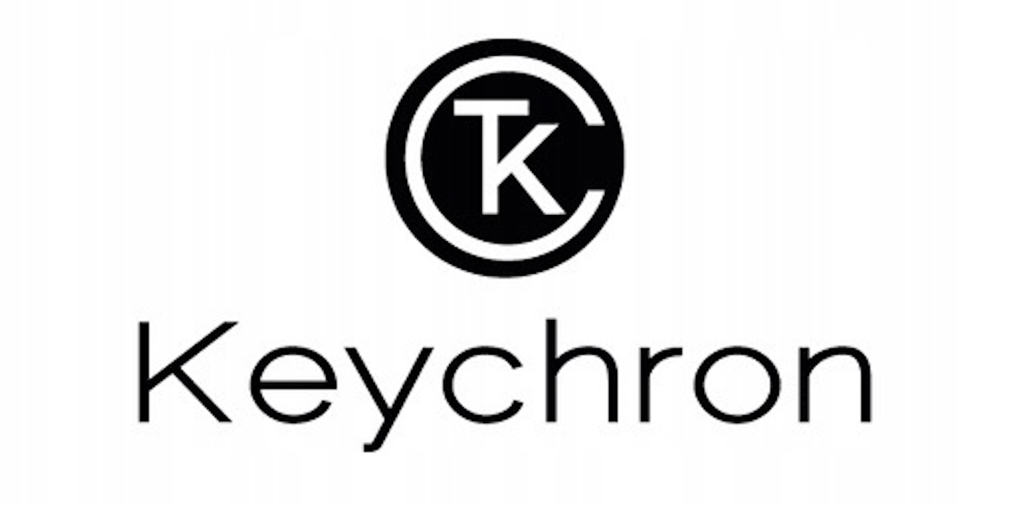 Logo Keychron w czarnym okręgu. Tekst 'Keychron' pod okręgiem czarnymi literami.