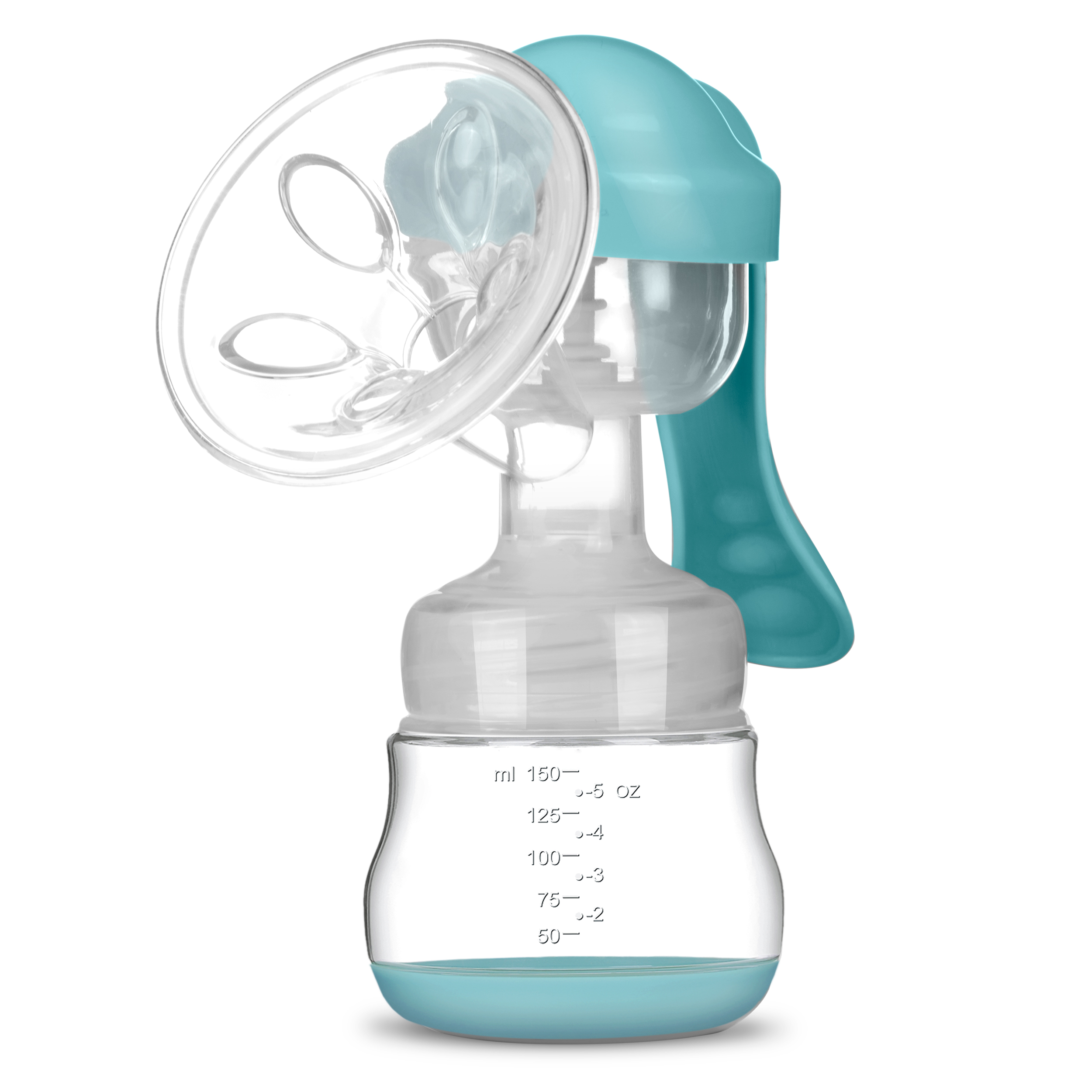 Zbliżenie laktatora z butelką. Pompa jest niebiesko-biała.
