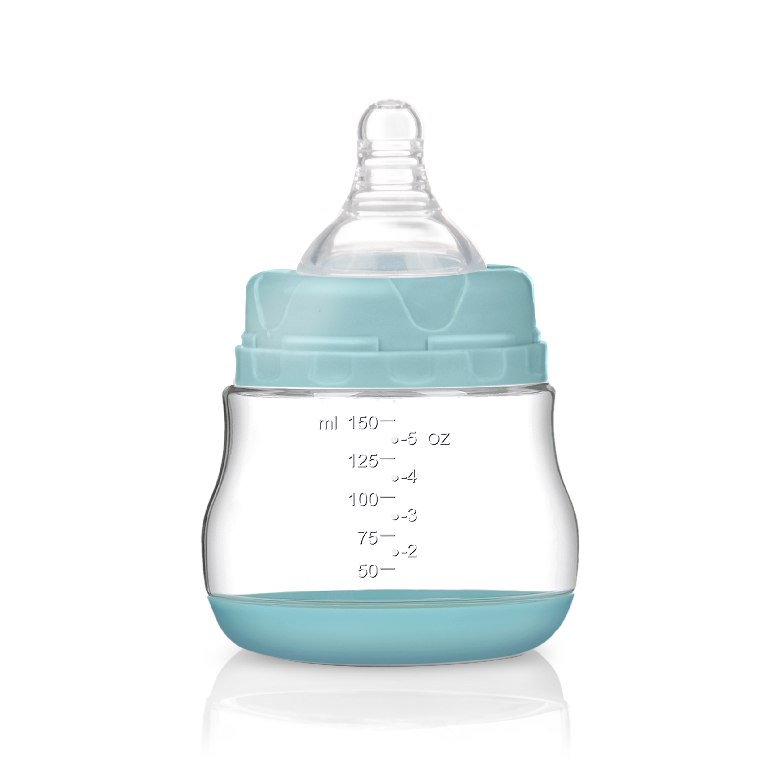 Niebieska butelka dla dziecka z przezroczystym smoczkiem. Ma oznaczenia ml i oz. Butelka jest na białym tle.
