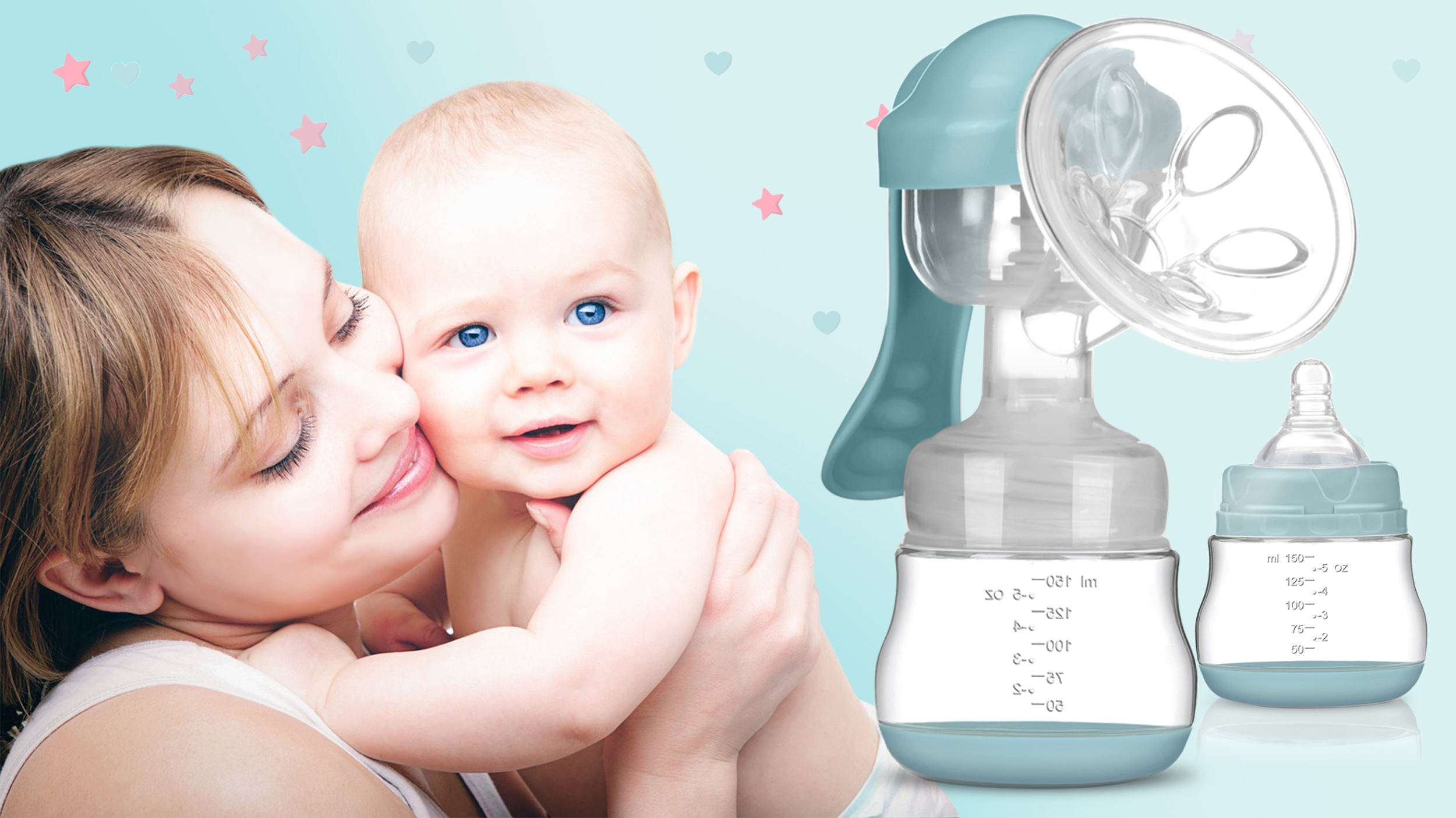Kobieta trzyma uśmiechnięte dziecko. W tle pompa do karmienia i butelka. Scena jest jasnoniebieska.