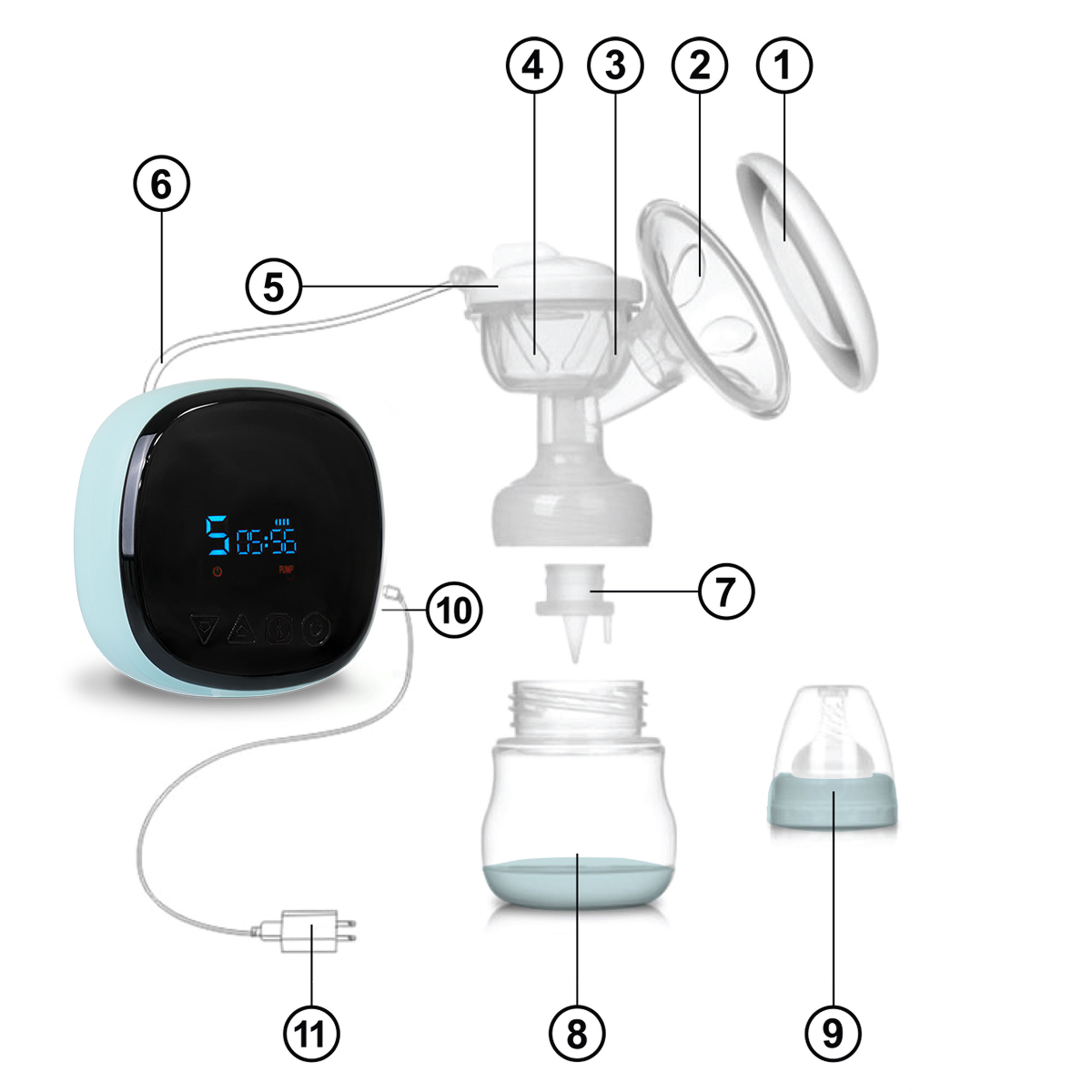 Części laktatora z cyfrowym wyświetlaczem, ponumerowane w celu identyfikacji.