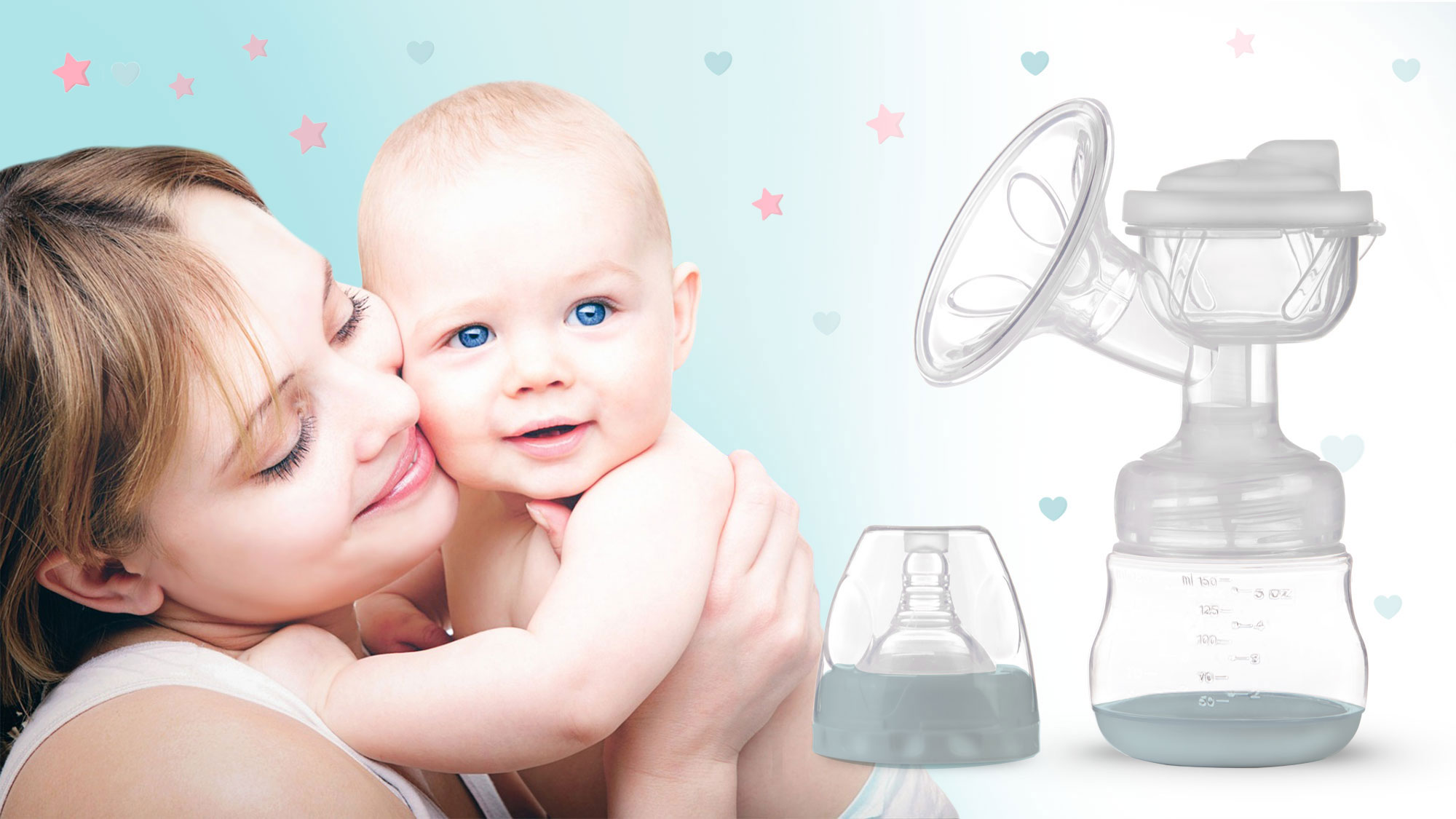 Kobieta trzyma dziecko i uśmiecha się, w tle laktator i jego części.