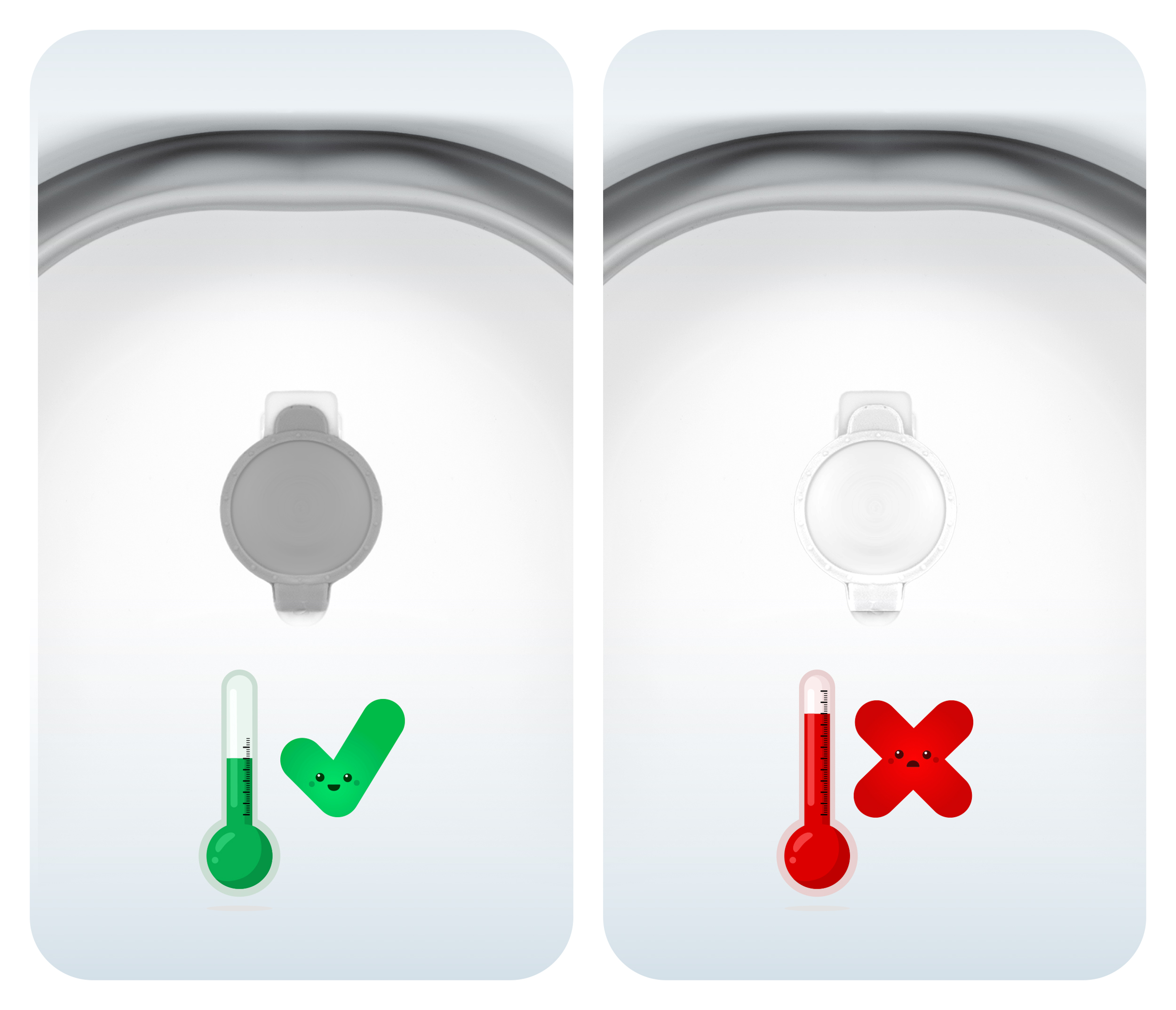 Porównanie temperatury wody w wanience dla dziecka, pokazujące zielony haczyk i czerwony krzyżyk.