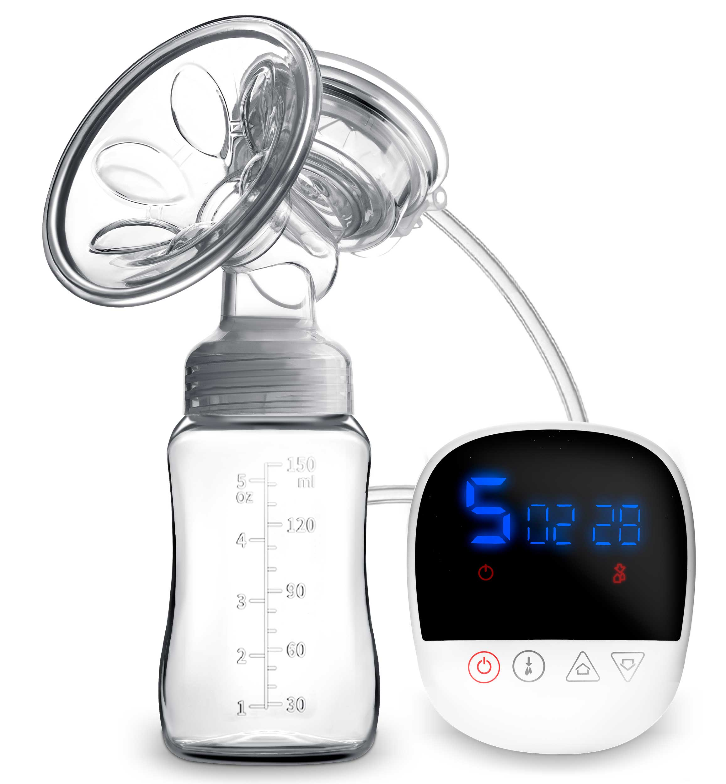 Laktator z butelką i wyświetlaczem. Biały i przezroczysty. Wyświetlacz pokazuje czas. Tło jest białe.