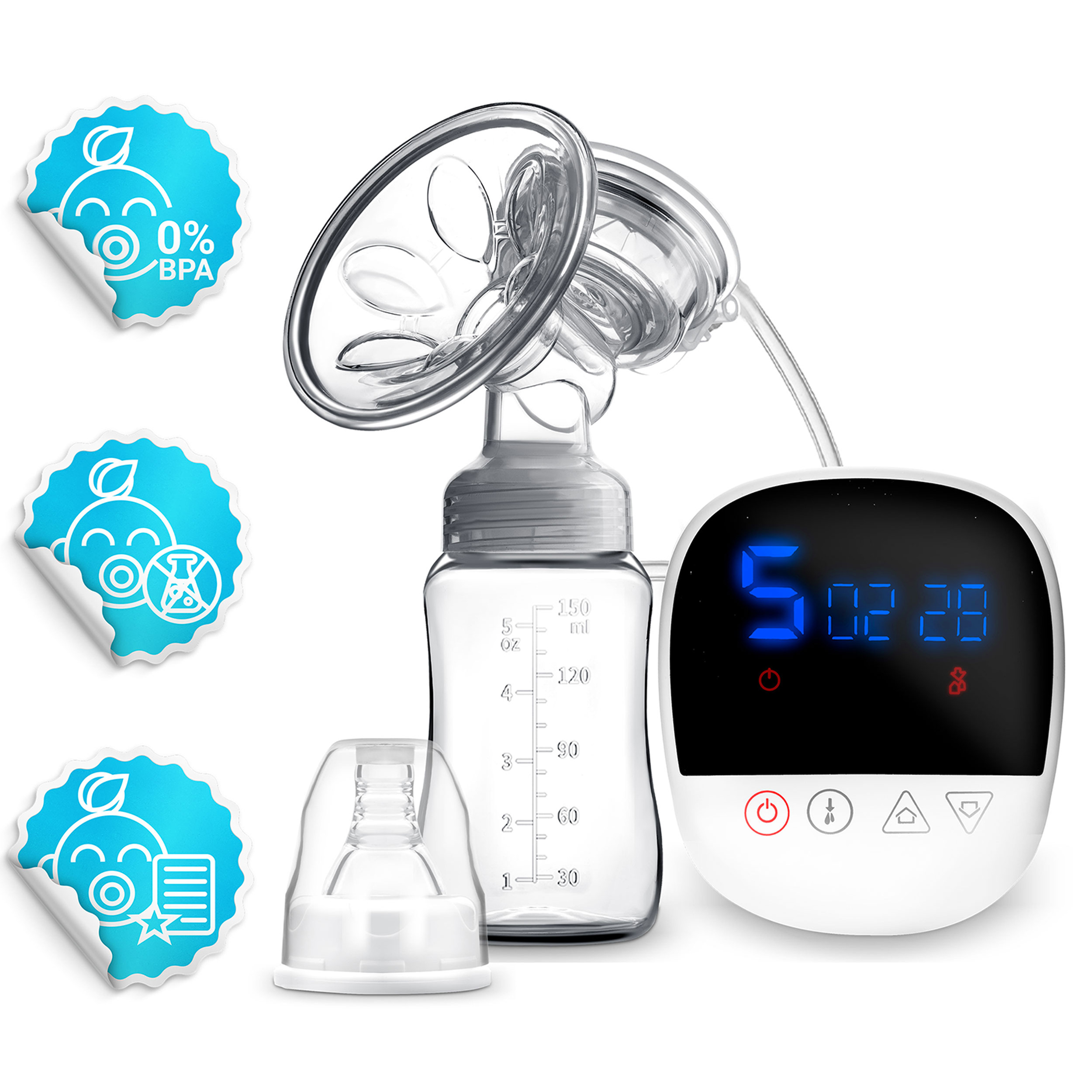 Laktator z butelką i wyświetlaczem oraz naklejkami. Biały, przezroczysty i niebieski. Tło jest białe.