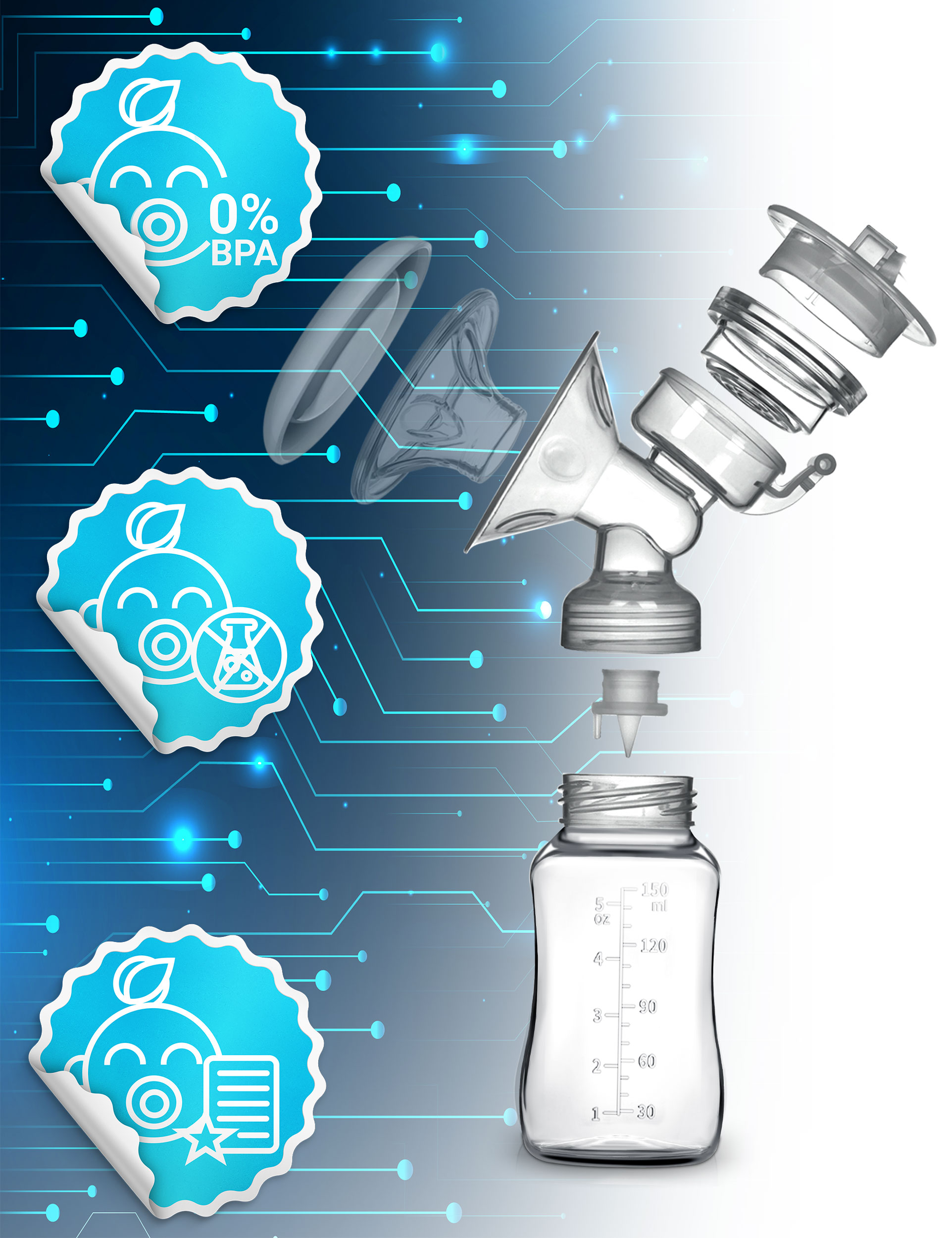 Elementy laktatora na niebieskim tle technicznym. Biały, przezroczysty i niebieski. Obecne są naklejki.