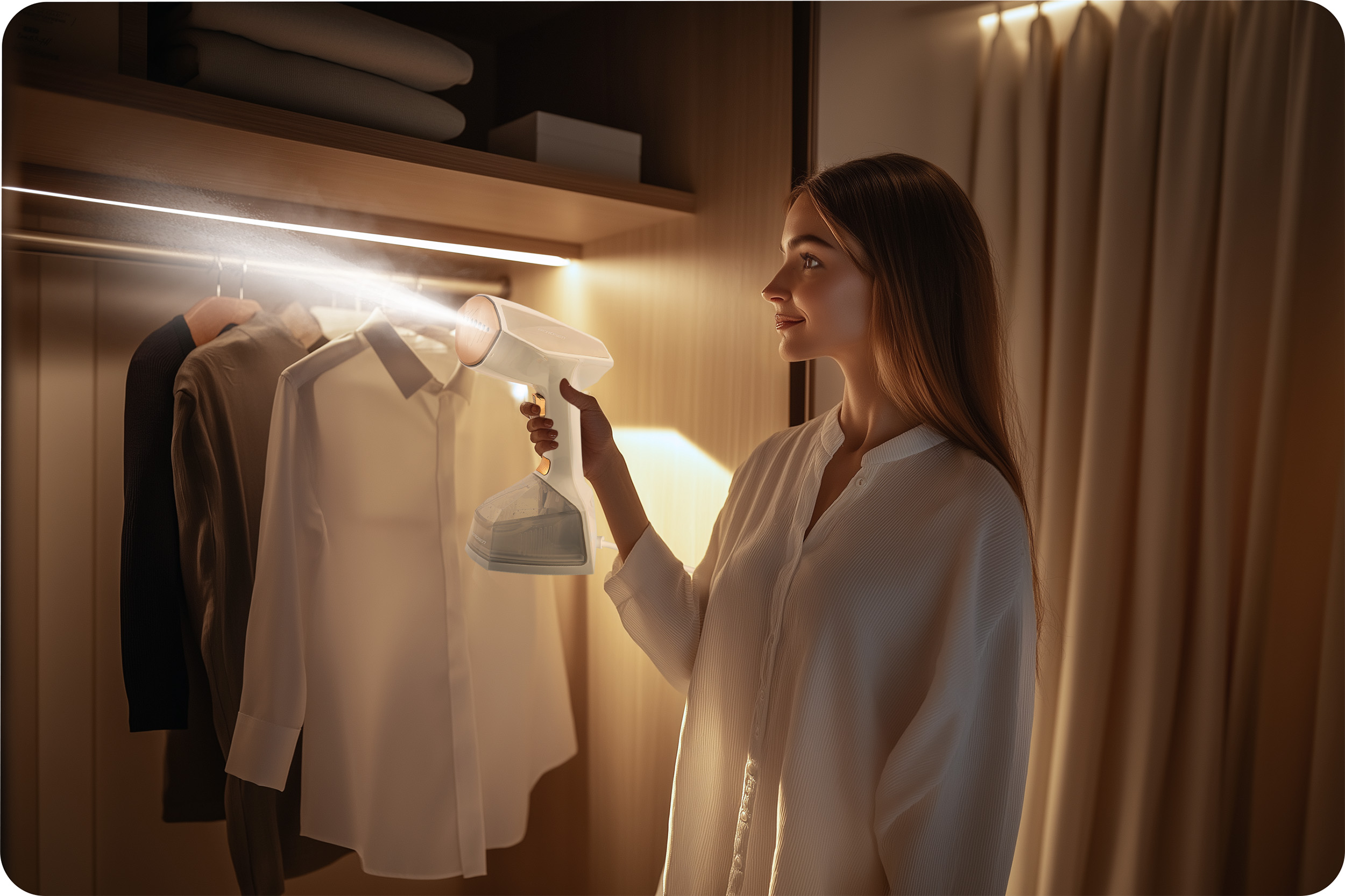 Kobieta prasująca białą koszulę w szafie za pomocą ręcznego parownika do ubrań. Beż i biel. Ciepłe światło.