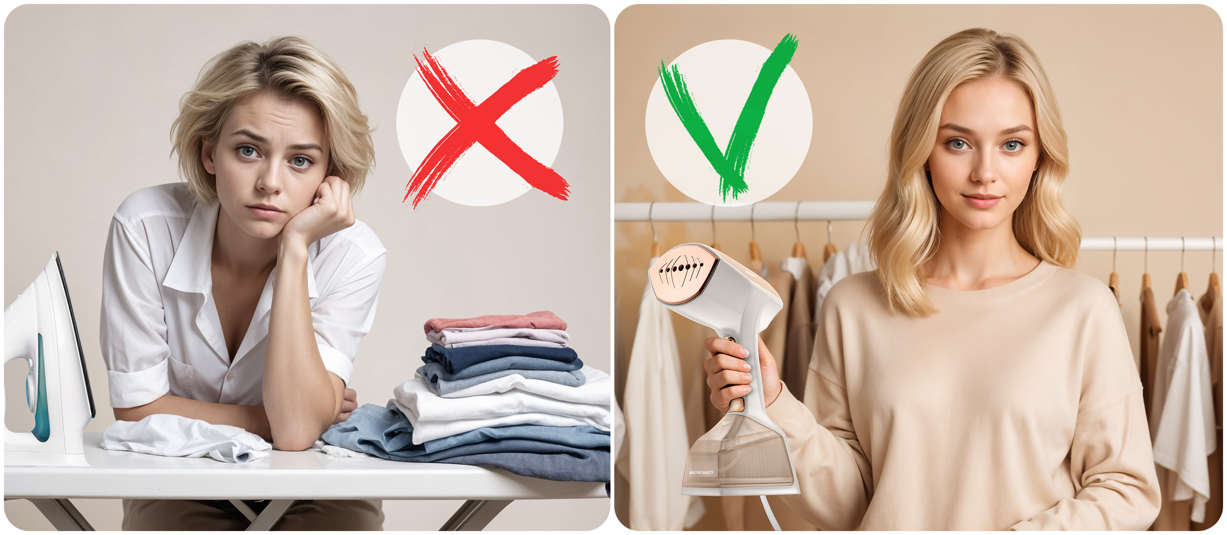 Zdjęcie kobiety z parownicą. Po lewej zmęczona kobieta z praniem. Po prawej szczęśliwa kobieta.