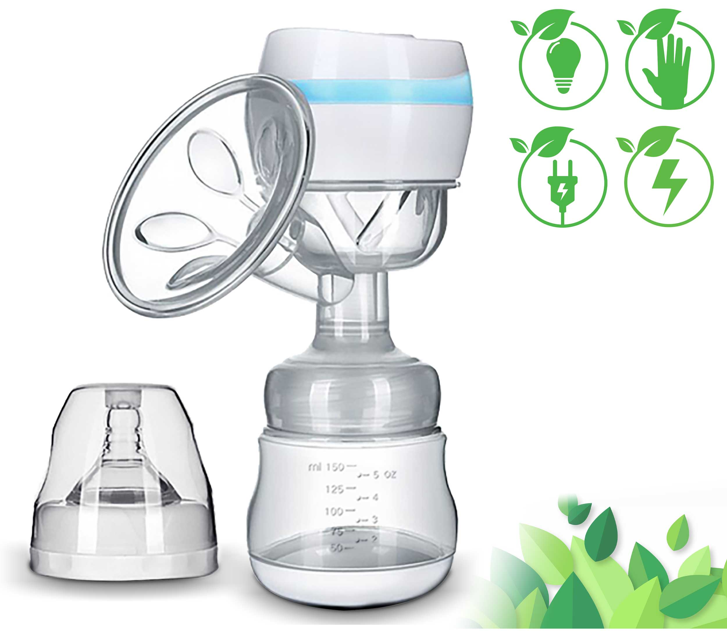 Biało-przezroczysty laktator z butelką, a po prawej stronie kilka zielonych liści.