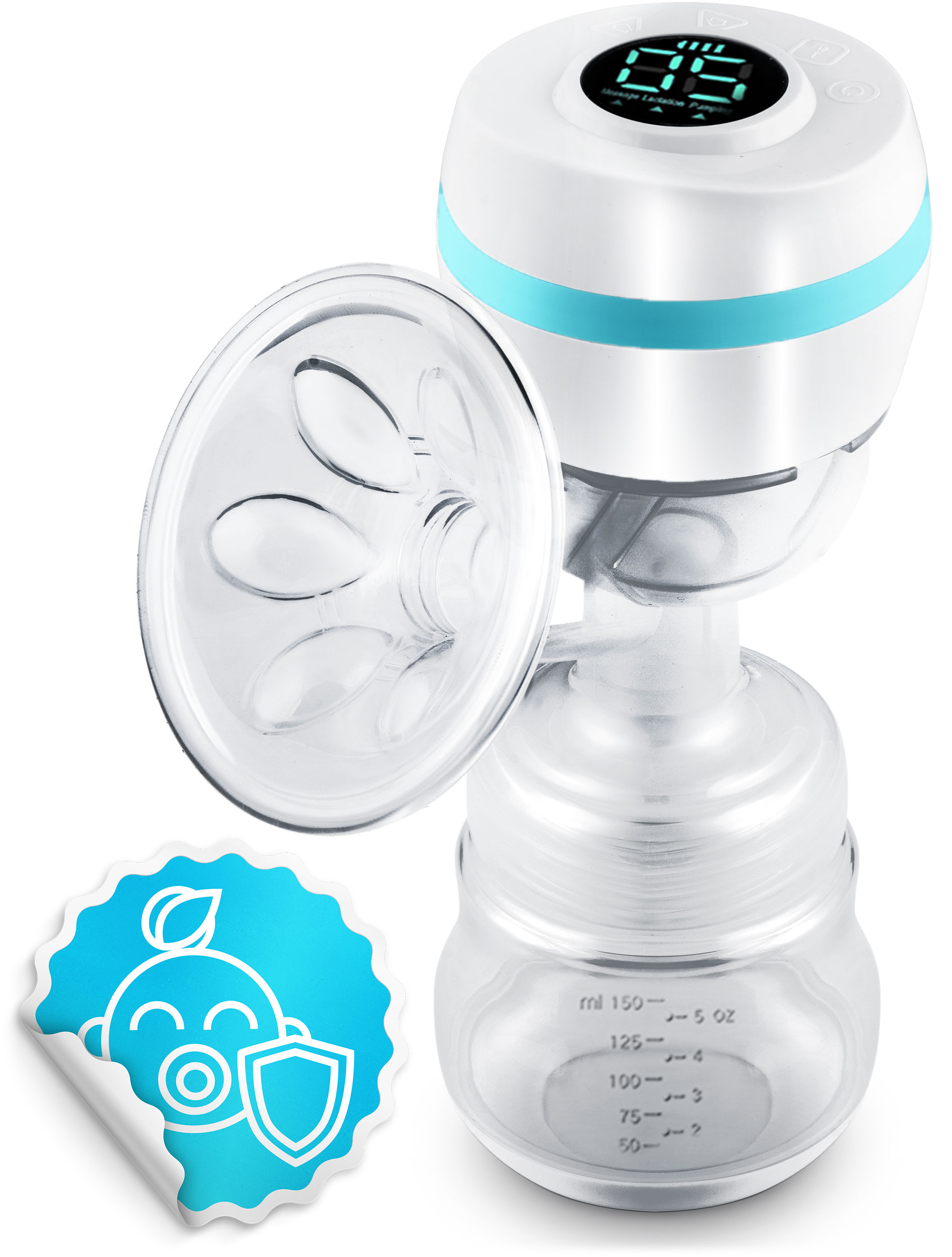 Laktator z wyświetlaczem cyfrowym i naklejką bezpieczną dla dziecka. Pompa jest niebiesko-biała.