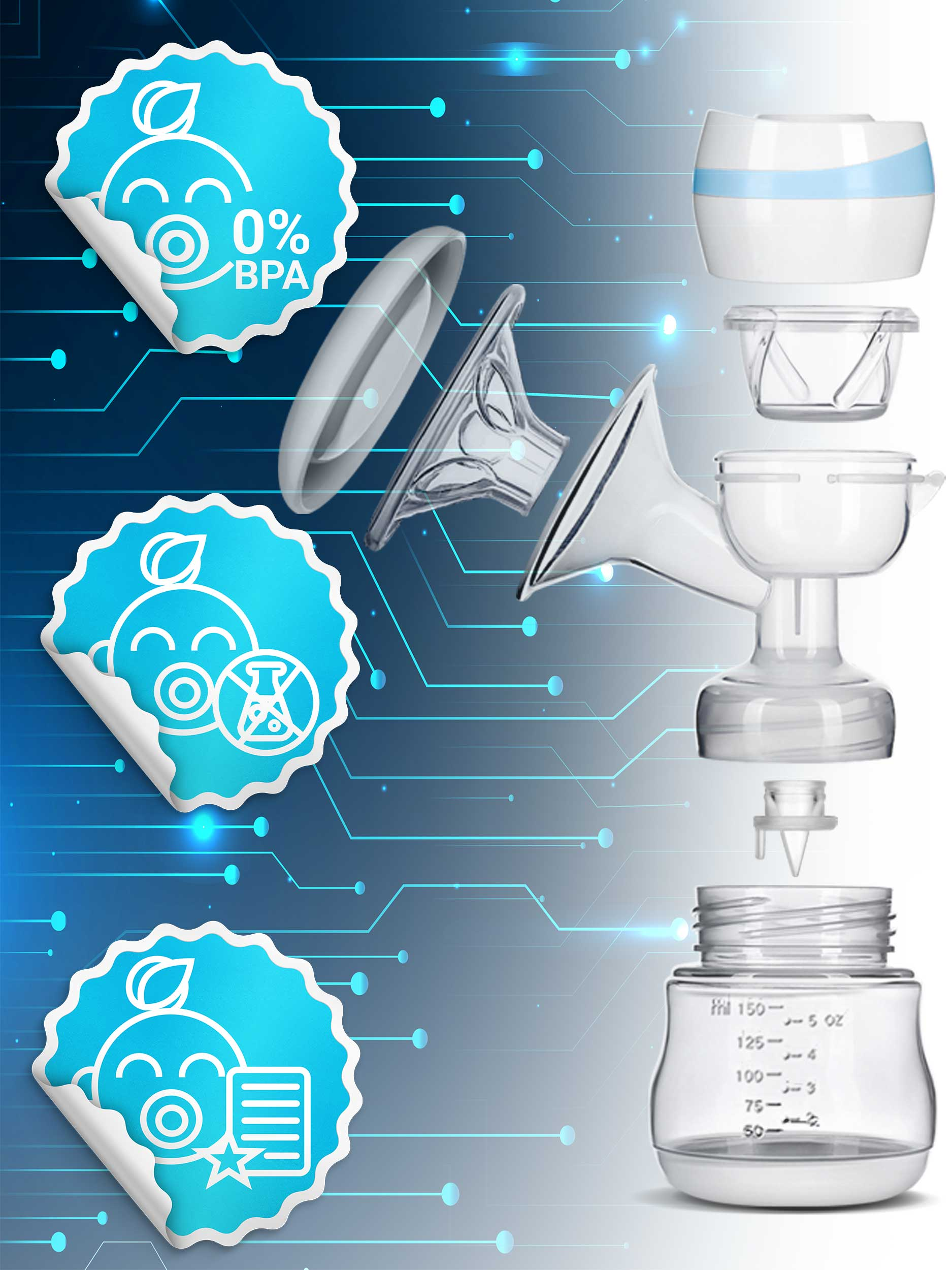 Laktator, który jest zdemontowany. Istnieje kilka naklejek z symbolami bezpieczeństwa dla dzieci.