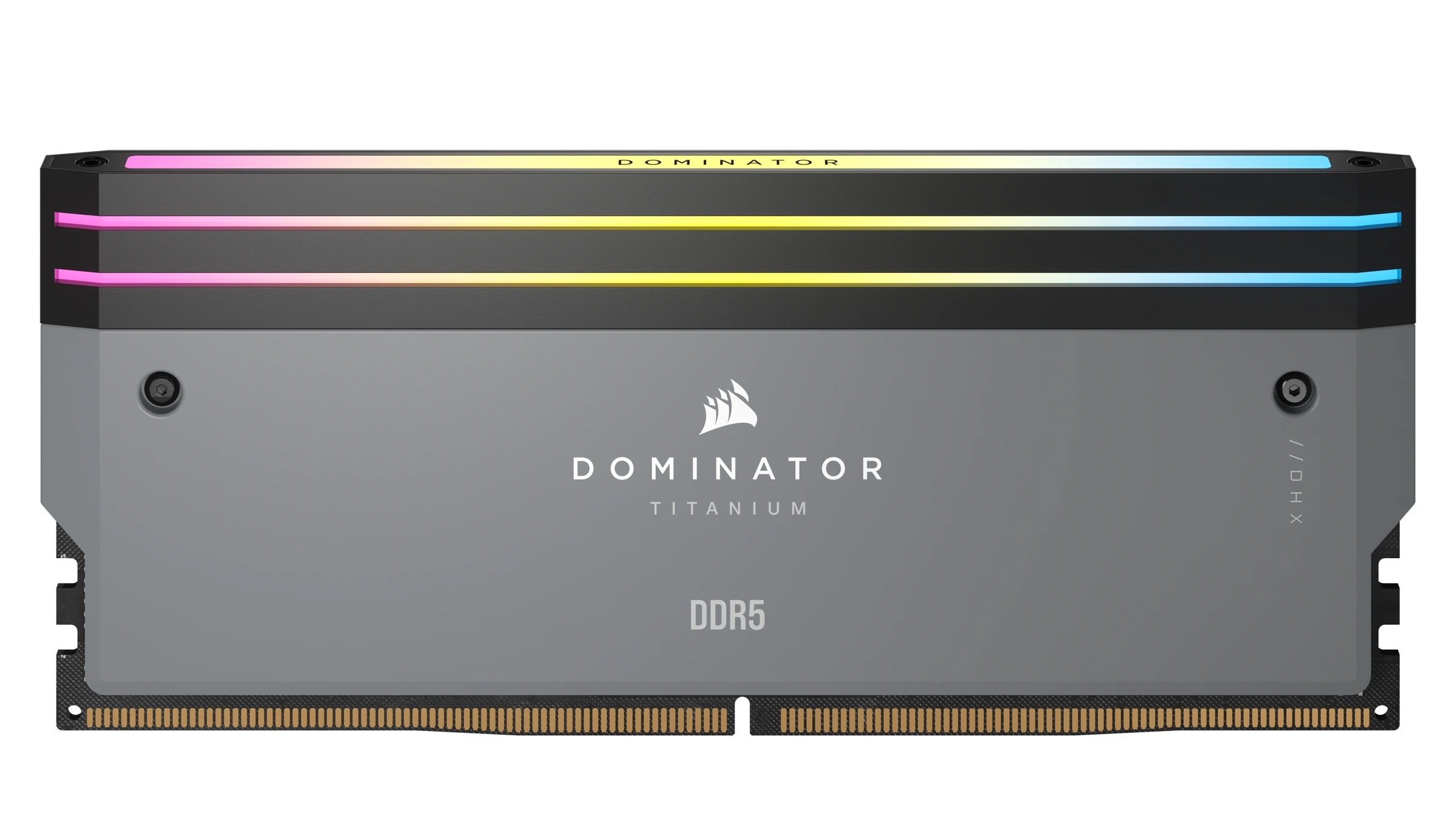 Moduł RAM z szarą obudową i kolorowymi światłami na górze. Posiada logo Dominator i DDR5.