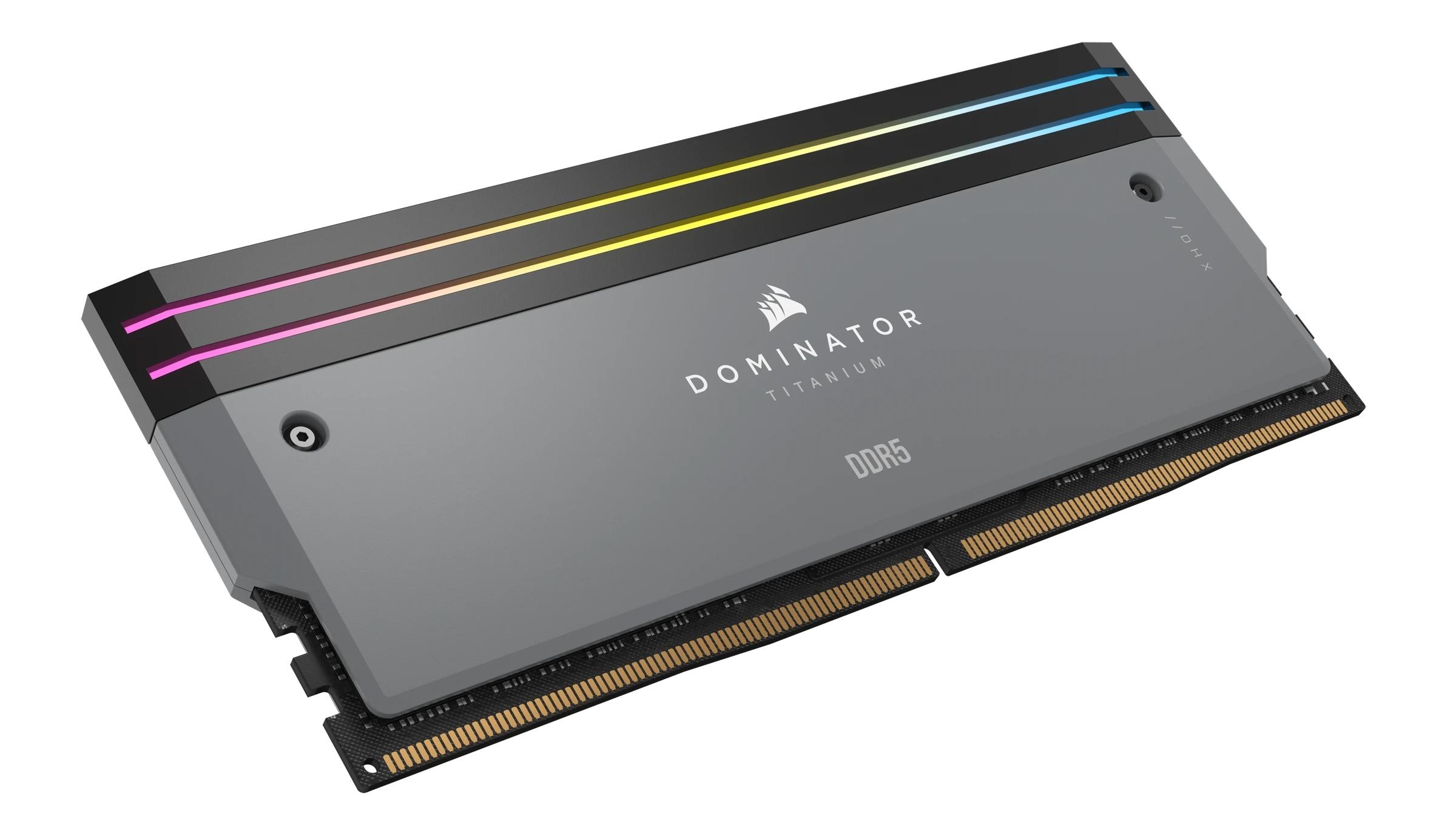 Moduł RAM z szarą obudową i kolorowymi światłami na górze. Posiada logo Dominator i DDR5.