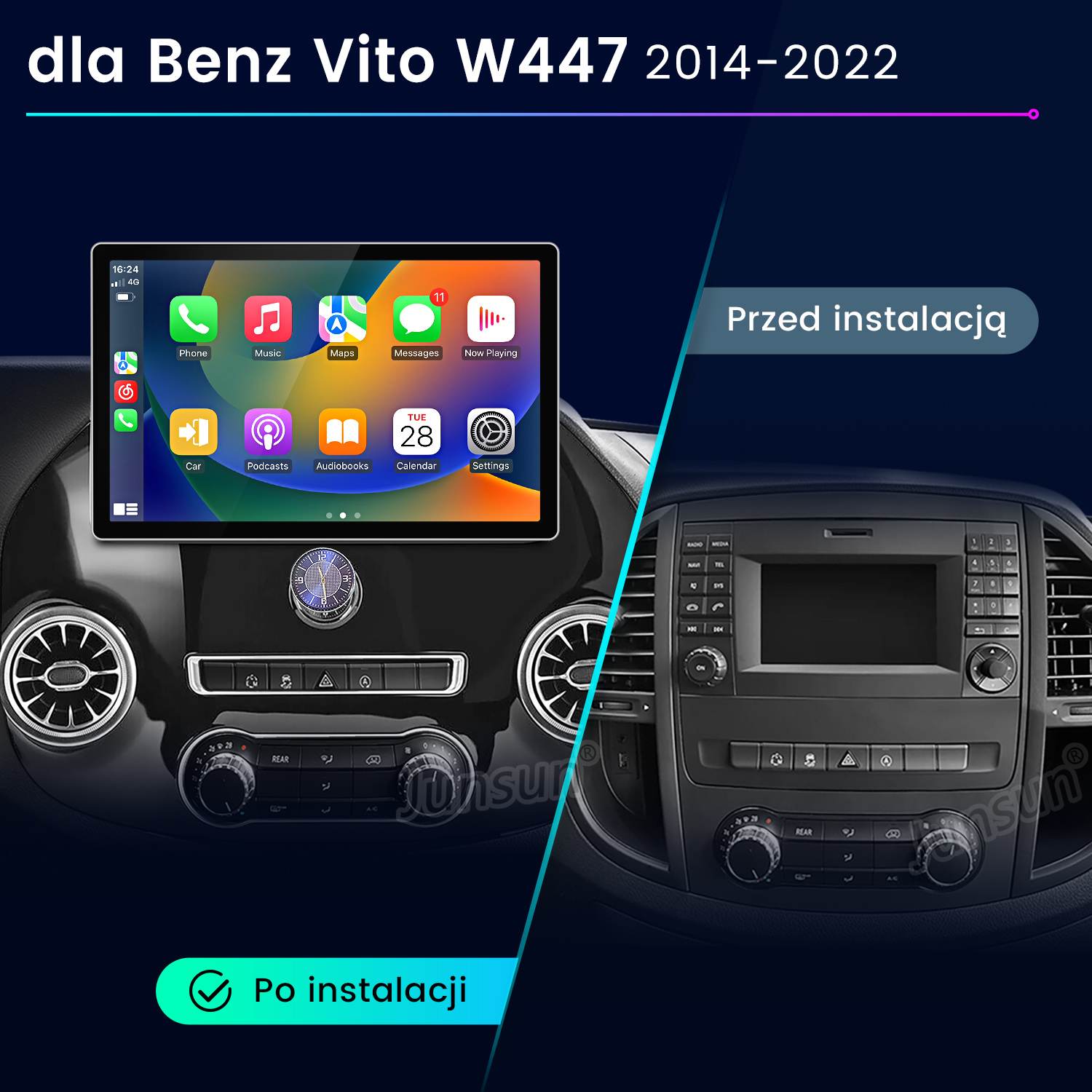 System multimedialny do samochodu z ekranem wyświetlającym ikony aplikacji, obok deski rozdzielczej.