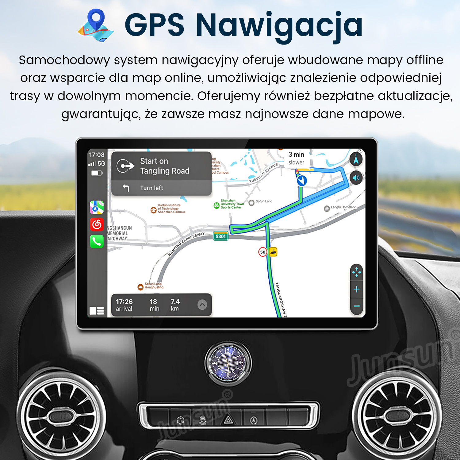 Ekran systemu multimedialnego samochodu wyświetlający mapę nawigacji ze strzałkami kierunkowymi.