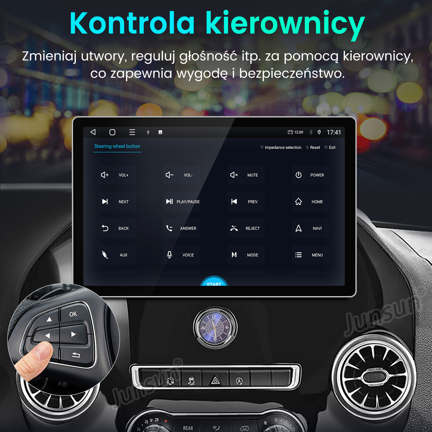 Ekran systemu multimedialnego pokazujący opcje sterowania kierownicą, z ręką dotykającą przycisków.