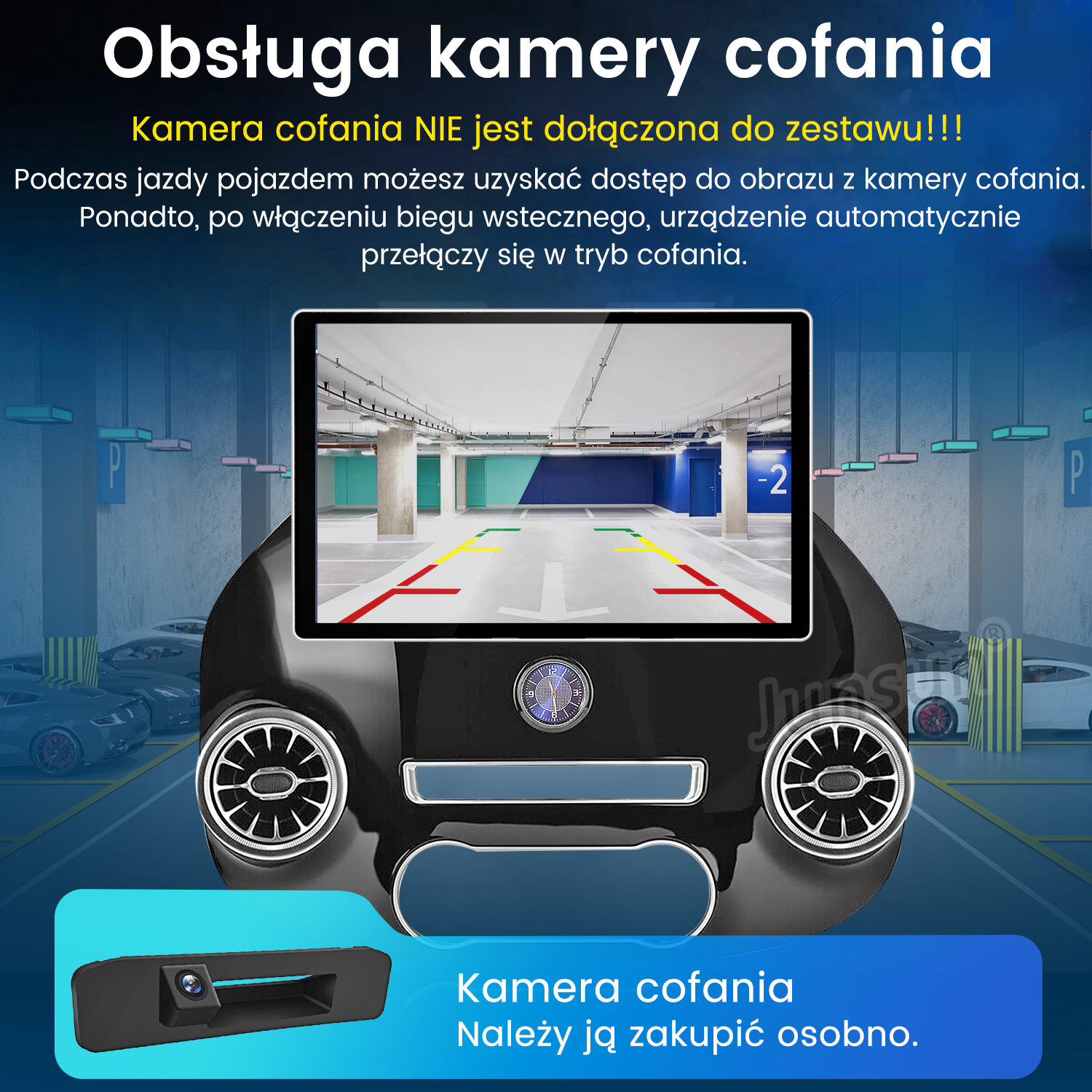 Ekran systemu multimedialnego wyświetlający widok parkingu z kamery cofania, z nakładką tekstową.