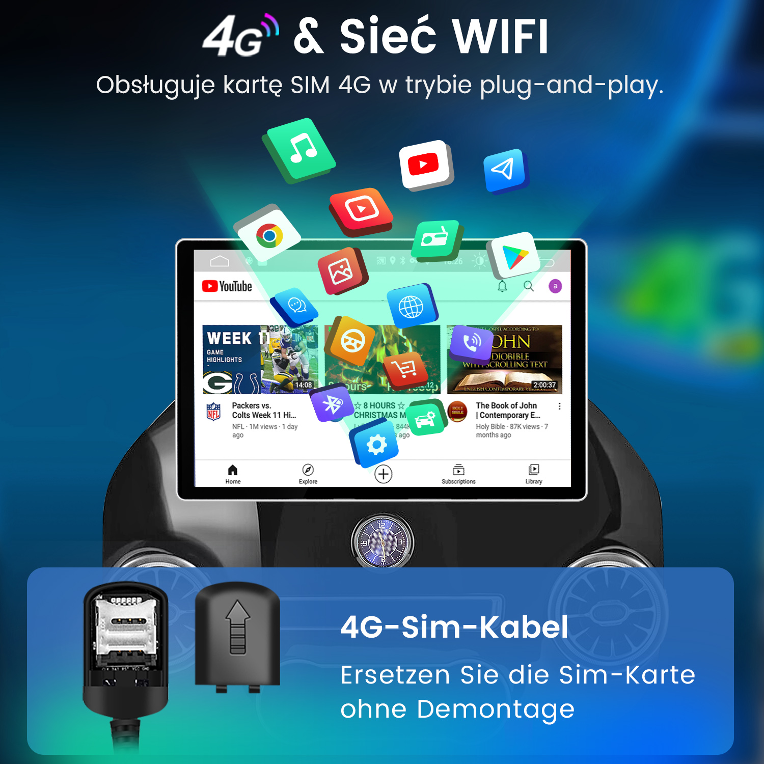 Ekran systemu multimedialnego z ikonami aplikacji oraz kablem 4G-Sim z kartą sim.