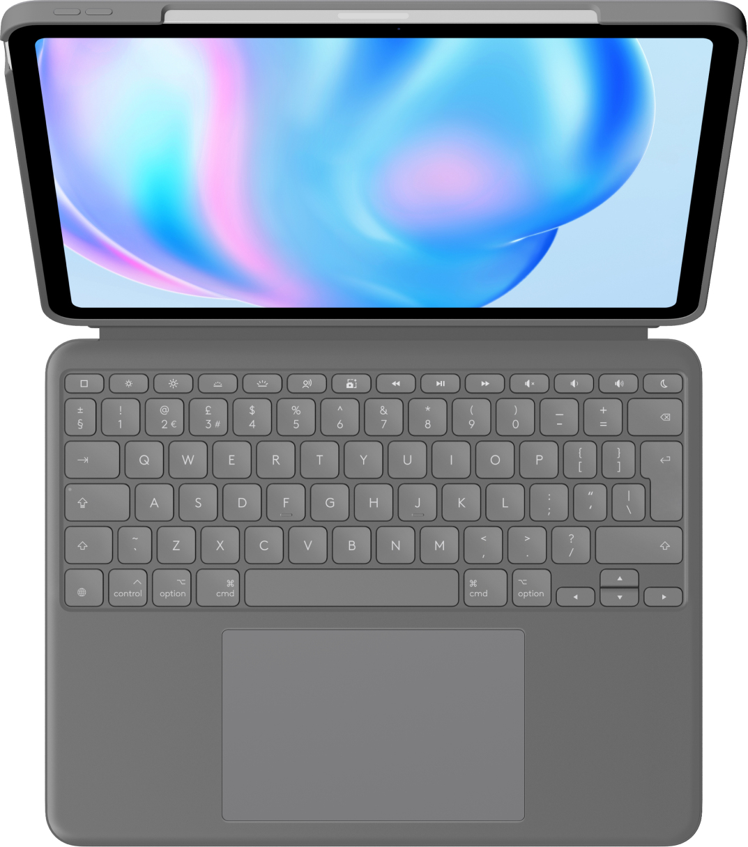 Tablet con tastiera collegata, vista dall'alto. Lo schermo mostra un design astratto e colorato.