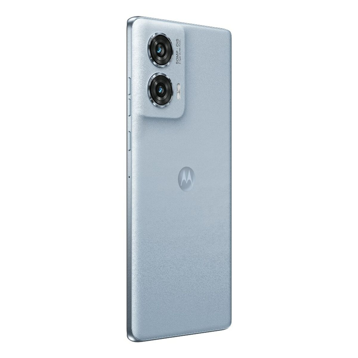 Widok z tyłu jasno niebieskiego smartfona z dwoma aparatami i logo Motorola.