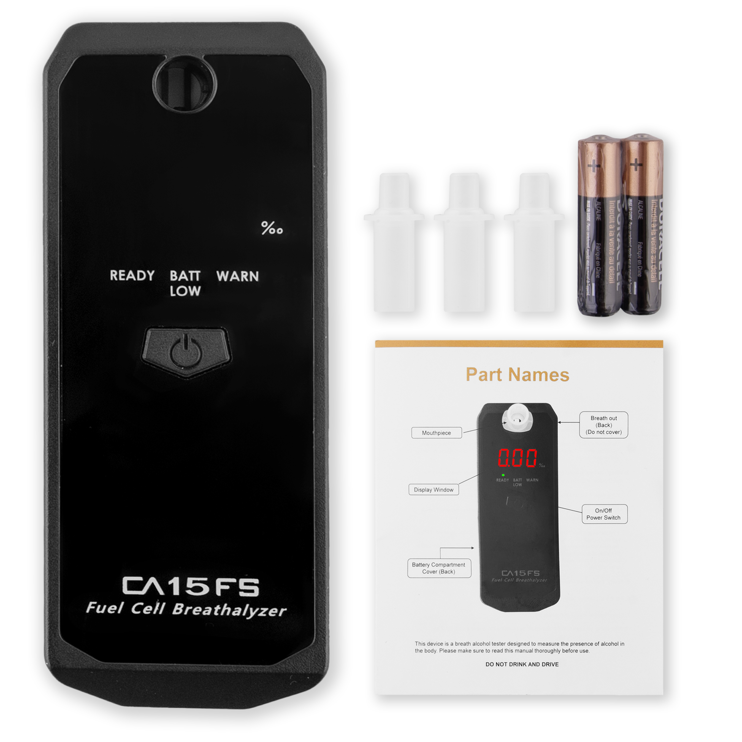 Czarny alkomat, akcesoria i instrukcja obsługi ułożone na białej powierzchni. Instrukcja pokazuje części alkomatu.