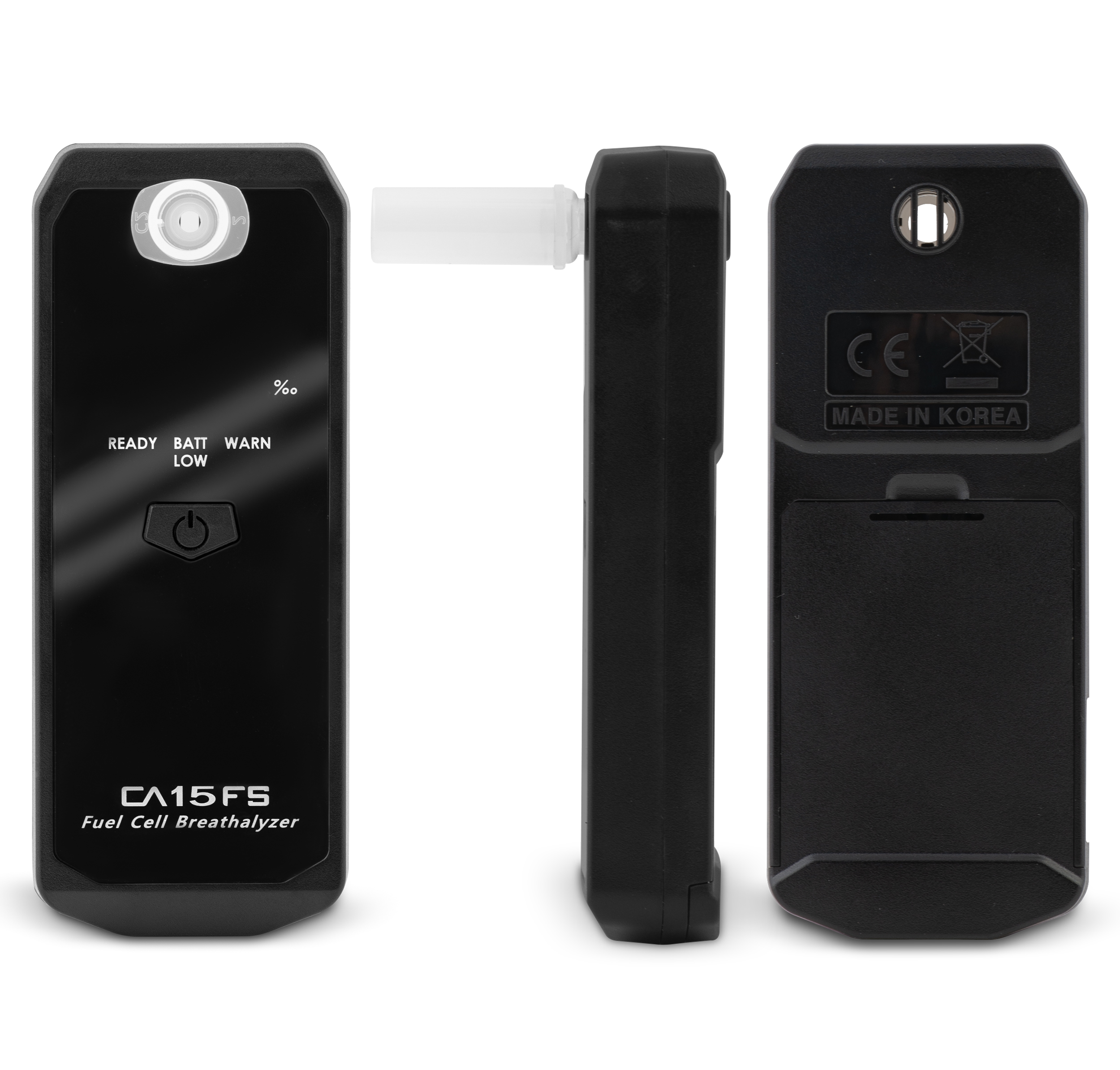 Trzy widoki czarnego alkomatu. Jeden pokazuje przód, drugi bok, a trzeci tył. Dołączony jest ustnik.