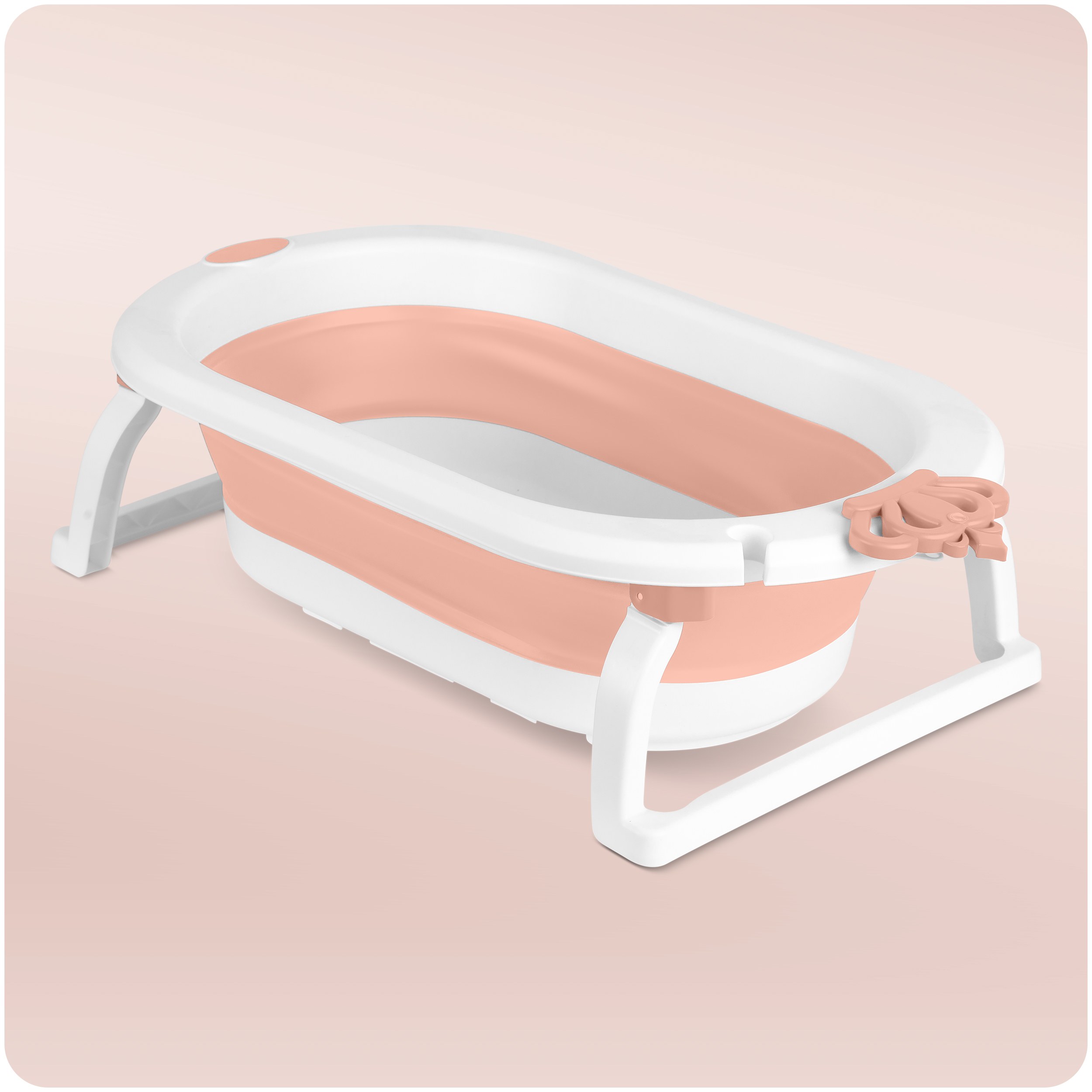 Wanienka dla niemowląt, złożona i stojąca. Jest różowa i biała, z białymi nogami. Tło to różowa powierzchnia.