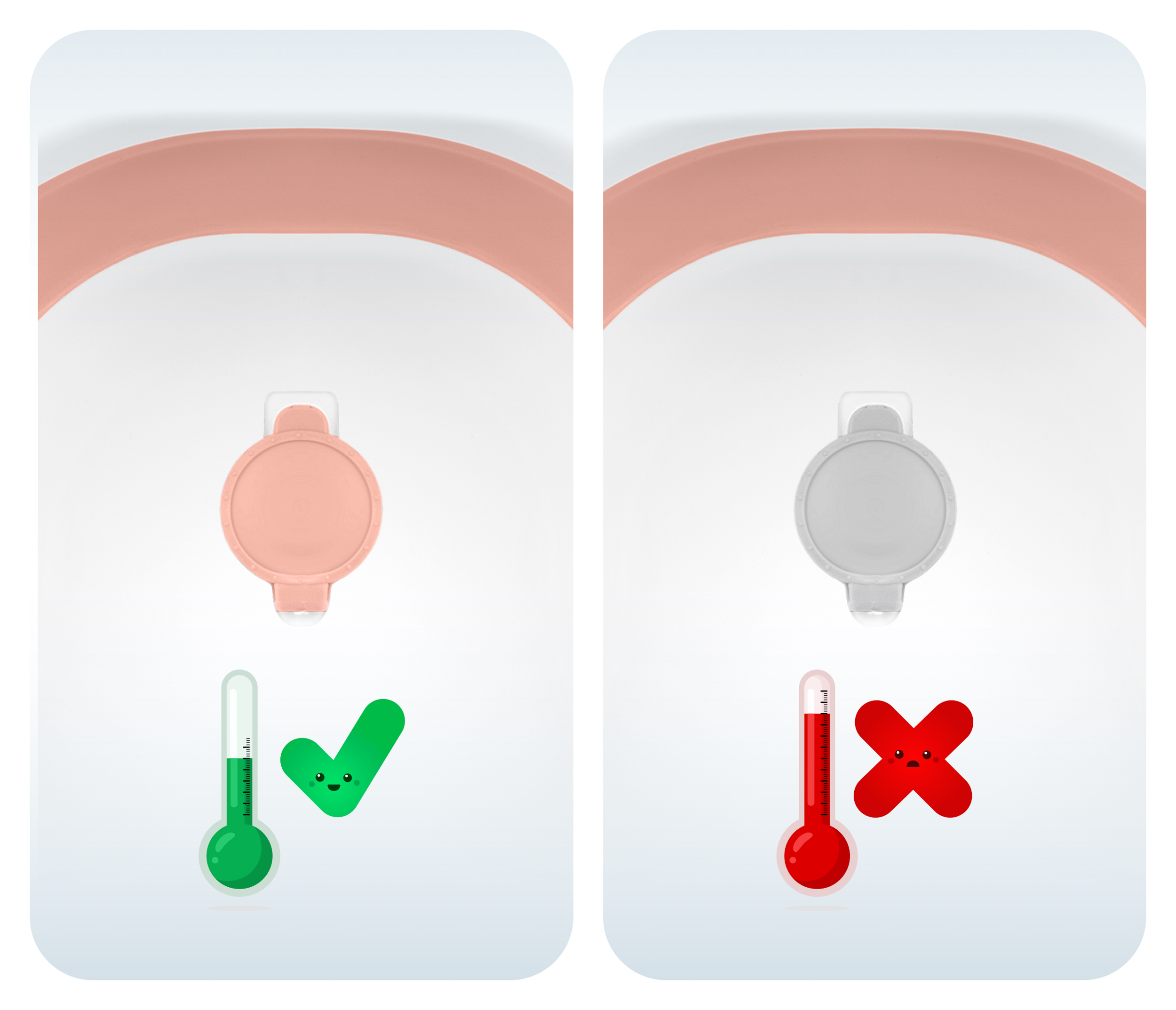 Zbliżenie korka odpływowego wanienki dla niemowląt. Z jednej strony termometr i zielony haczyk, z drugiej czerwony termometr i X.