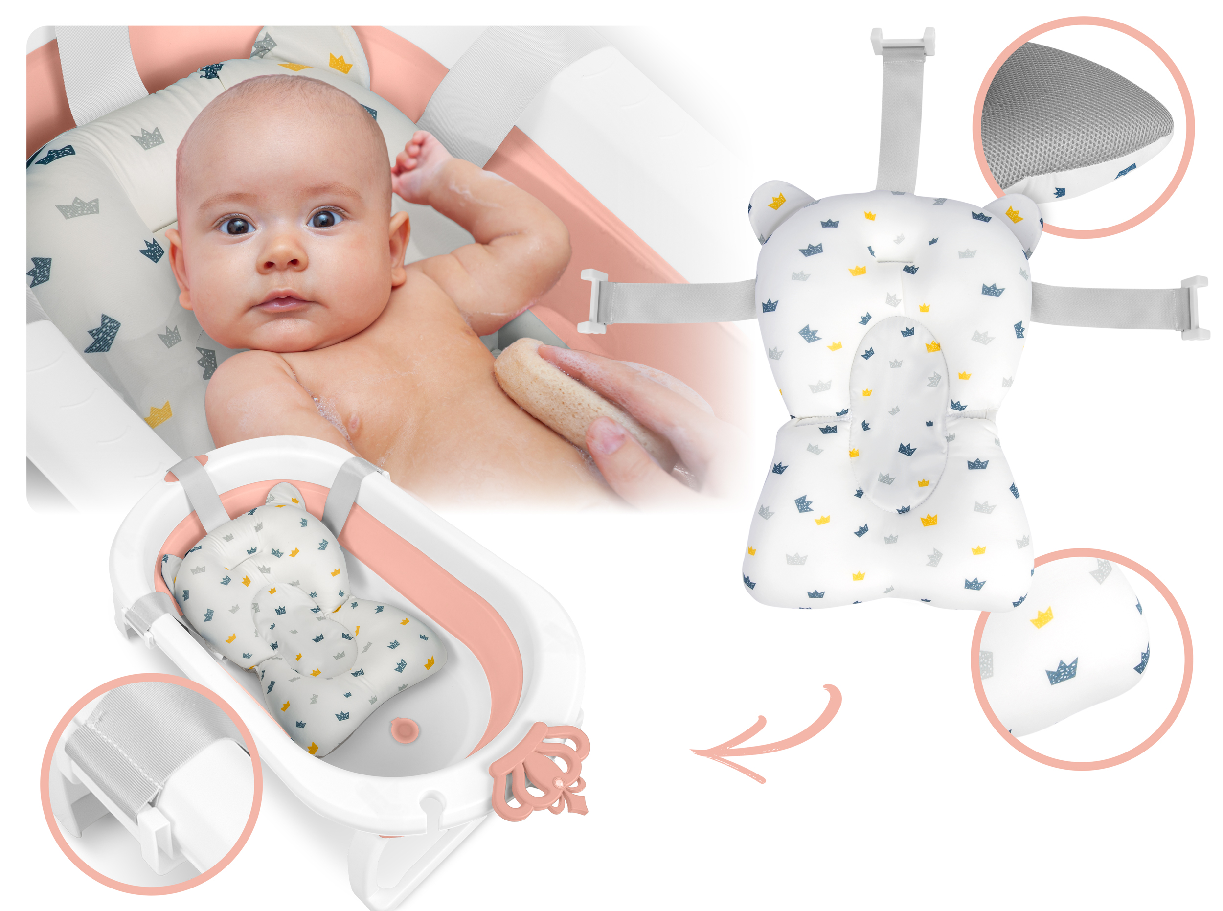 Dziecko w wannie z poduszką do kąpieli. Dostępne są szczegółowe widoki poduszki i siedziska do kąpieli.