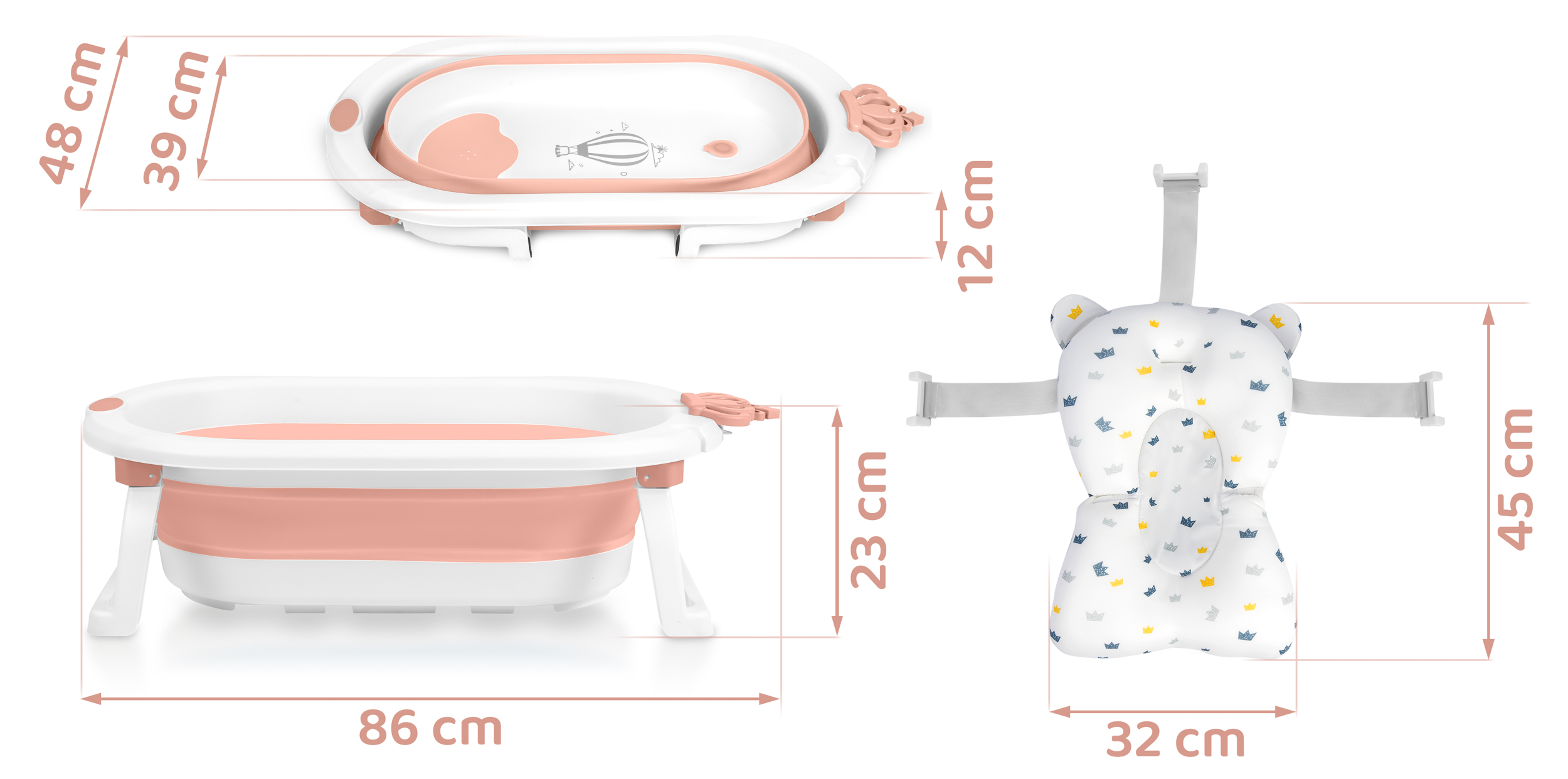 Wymiary wanienki dla niemowląt i siedziska do kąpieli. Wymiary wanienki podano w cm.