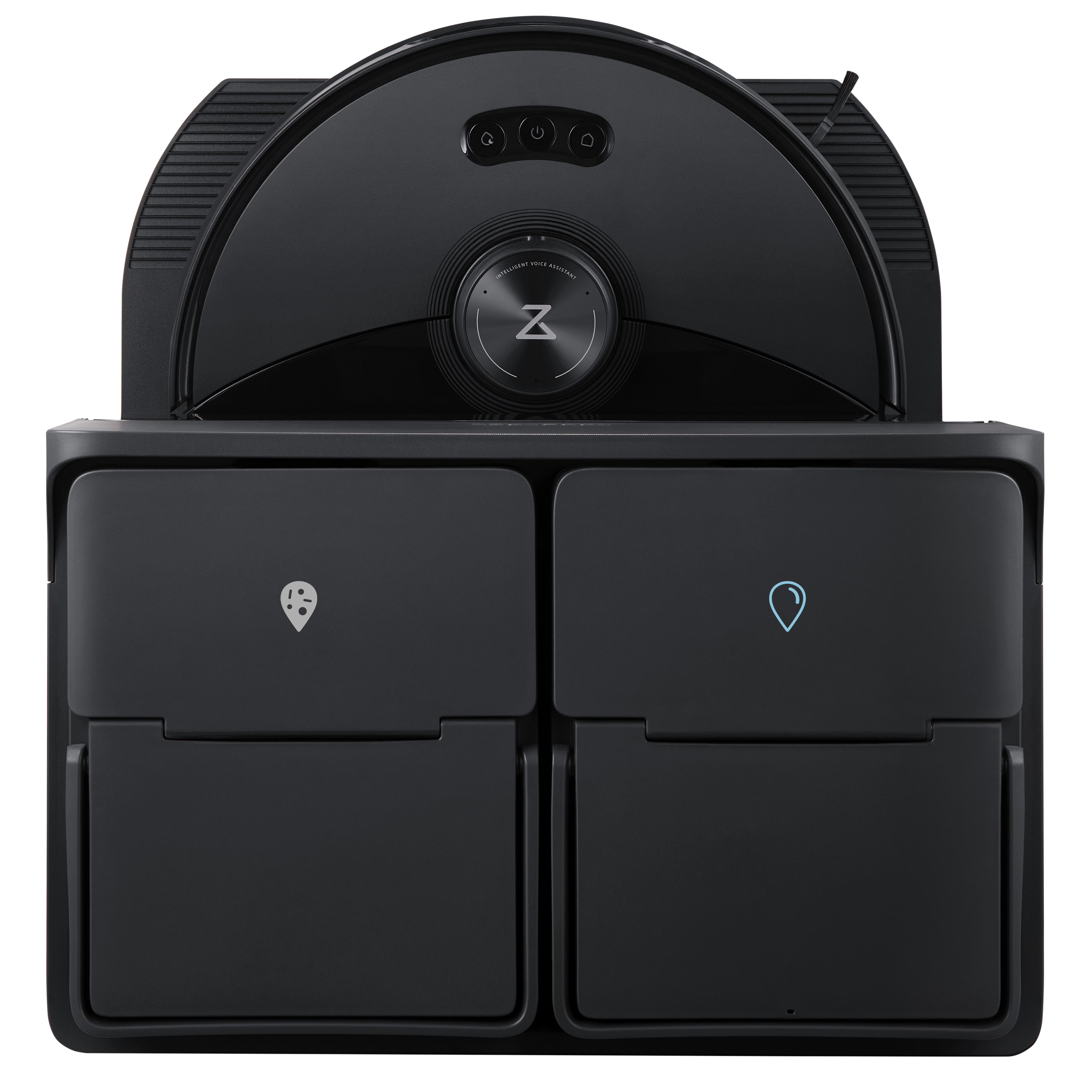 Czarny robot odkurzający z ciemną stacją ładującą, dwoma pojemnikami i przyciskami sterowania.