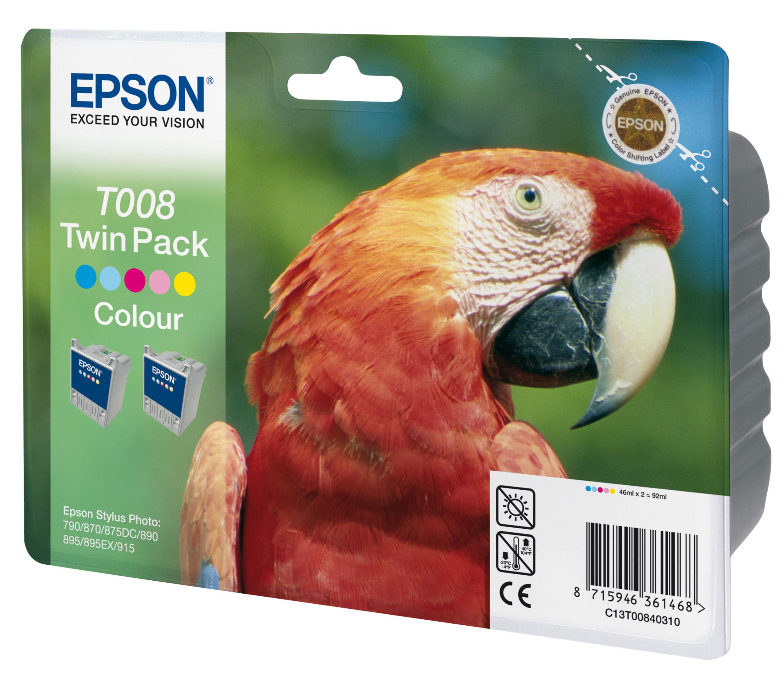 Epson T008 Twin Pack Farb-Tintenpatronen mit Papageienbild. Grüner Hintergrund.