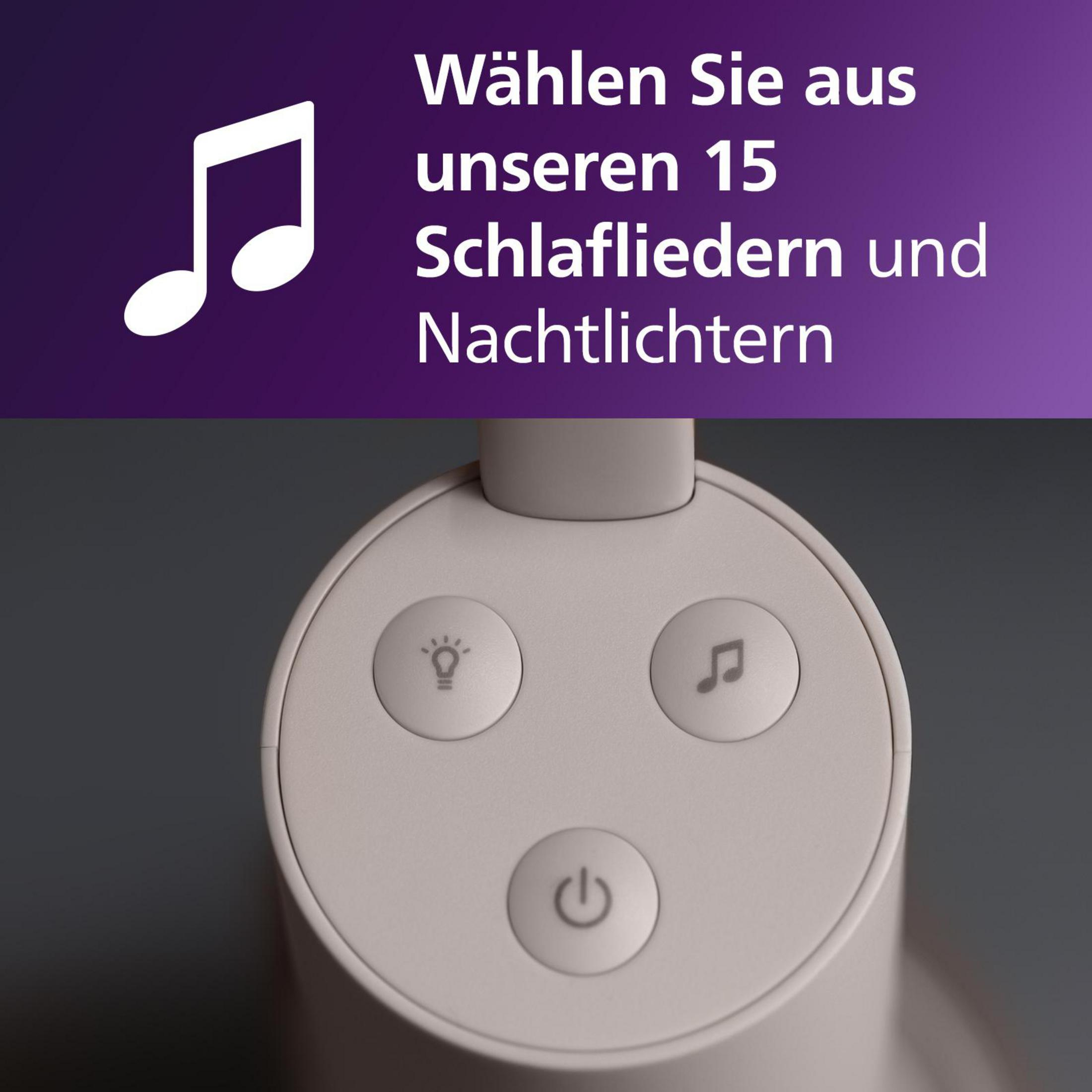 Nahaufnahme der Babyphone-Bedientasten und Text. Dunkler Hintergrund.
