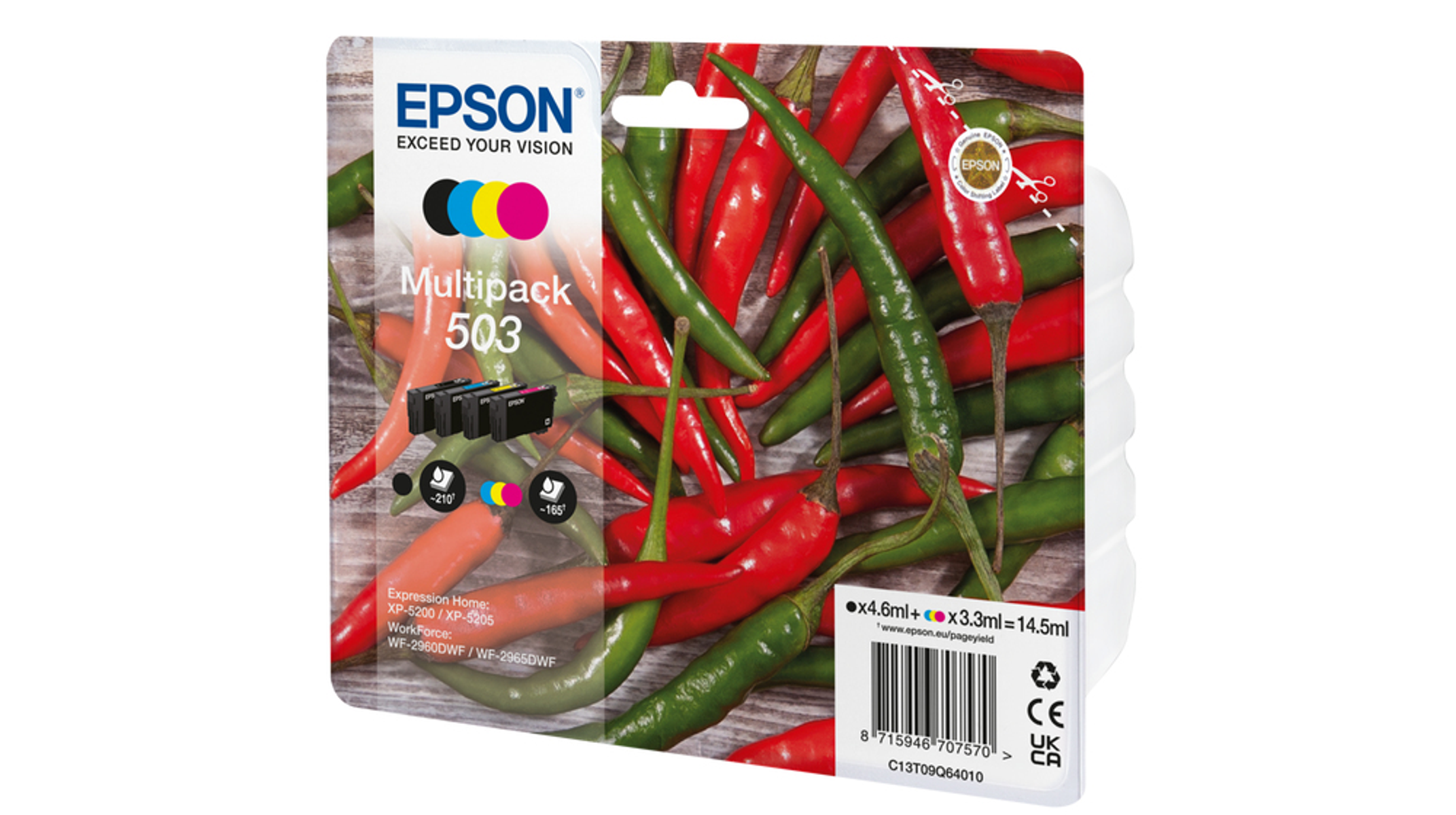 Opakowanie wkładów atramentowych Epson z papryczkami chili. Opakowanie ma różne kolory atramentu i logo Epson.