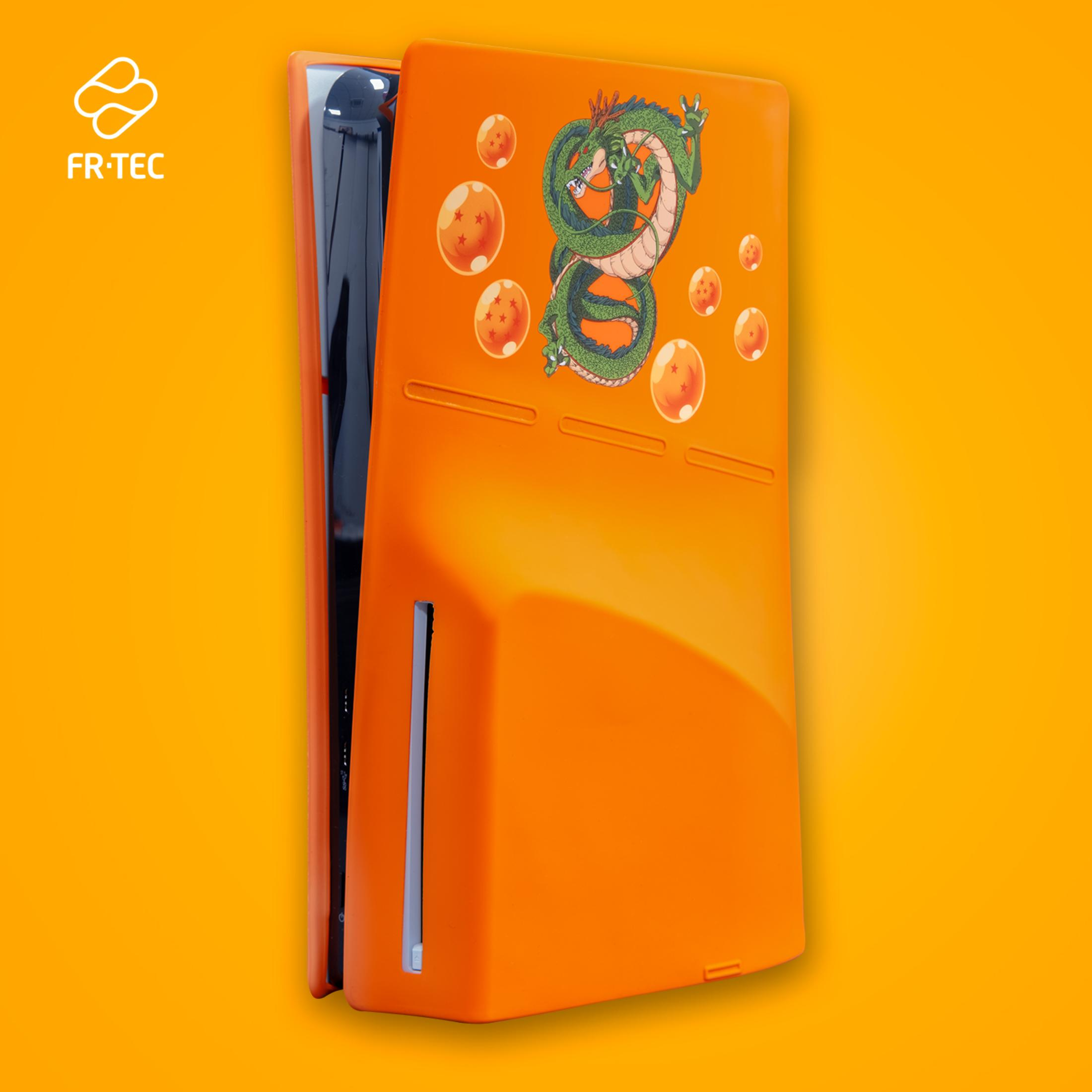 Una consola PS5 con una cubierta naranja con personajes de Dragon Ball Z y fondo naranja.