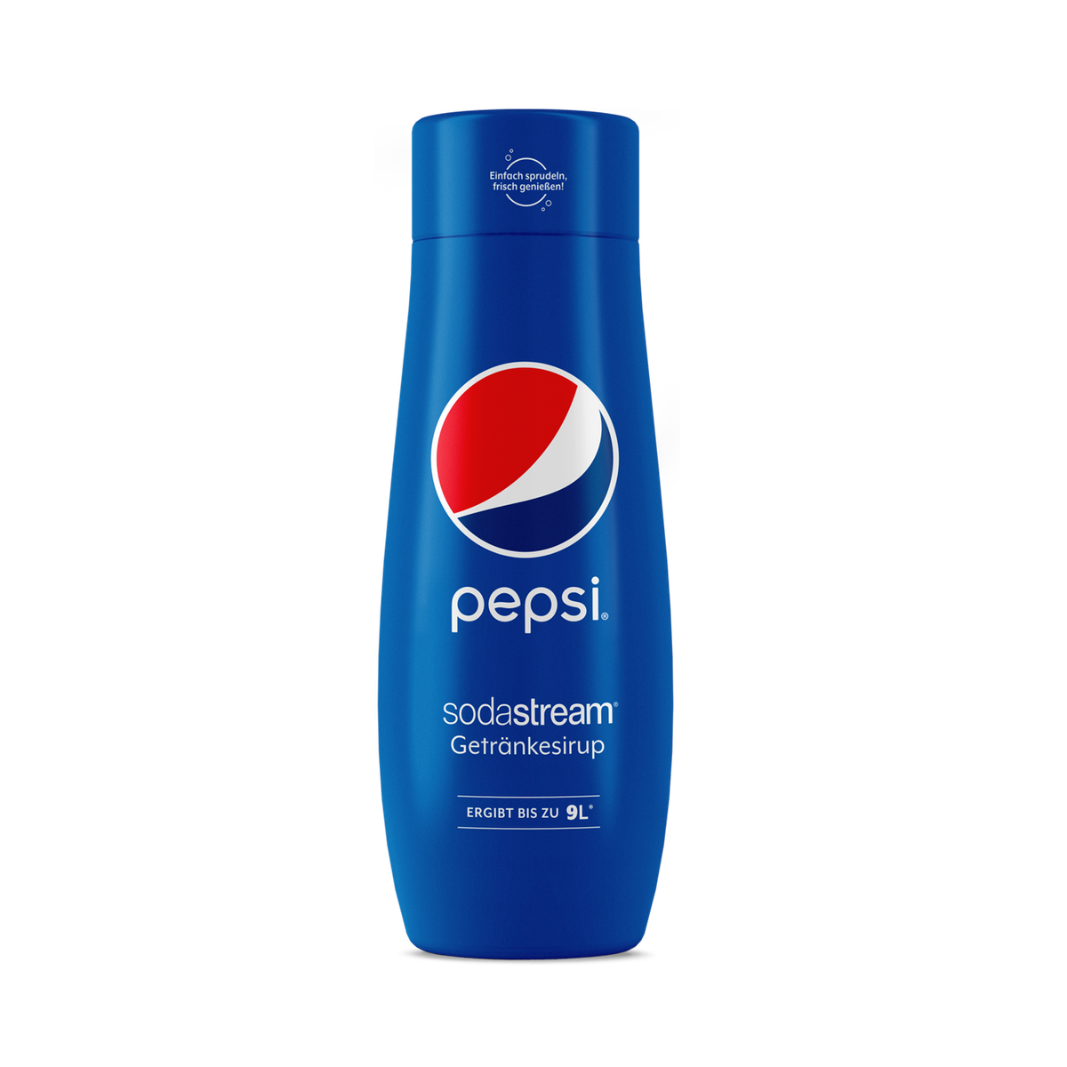 Eine blaue Pepsi-Sodastream-Sirupflasche. Sie hat ein weißes Pepsi-Logo und den Text 'sodastream'.