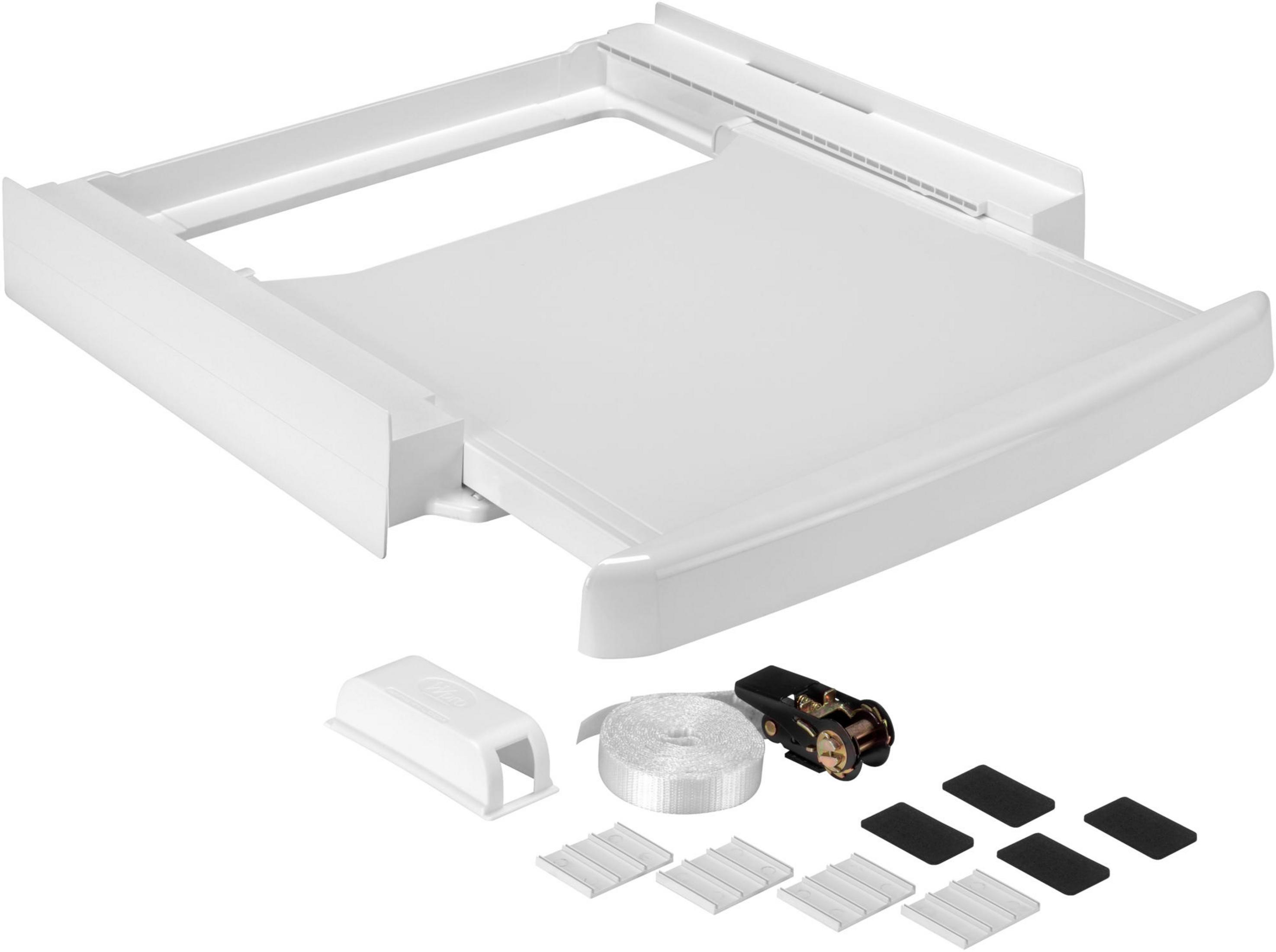 Elettrodomestico bianco con ruote e accessori, include cinghie, cuscinetti e altre parti su superficie bianca.