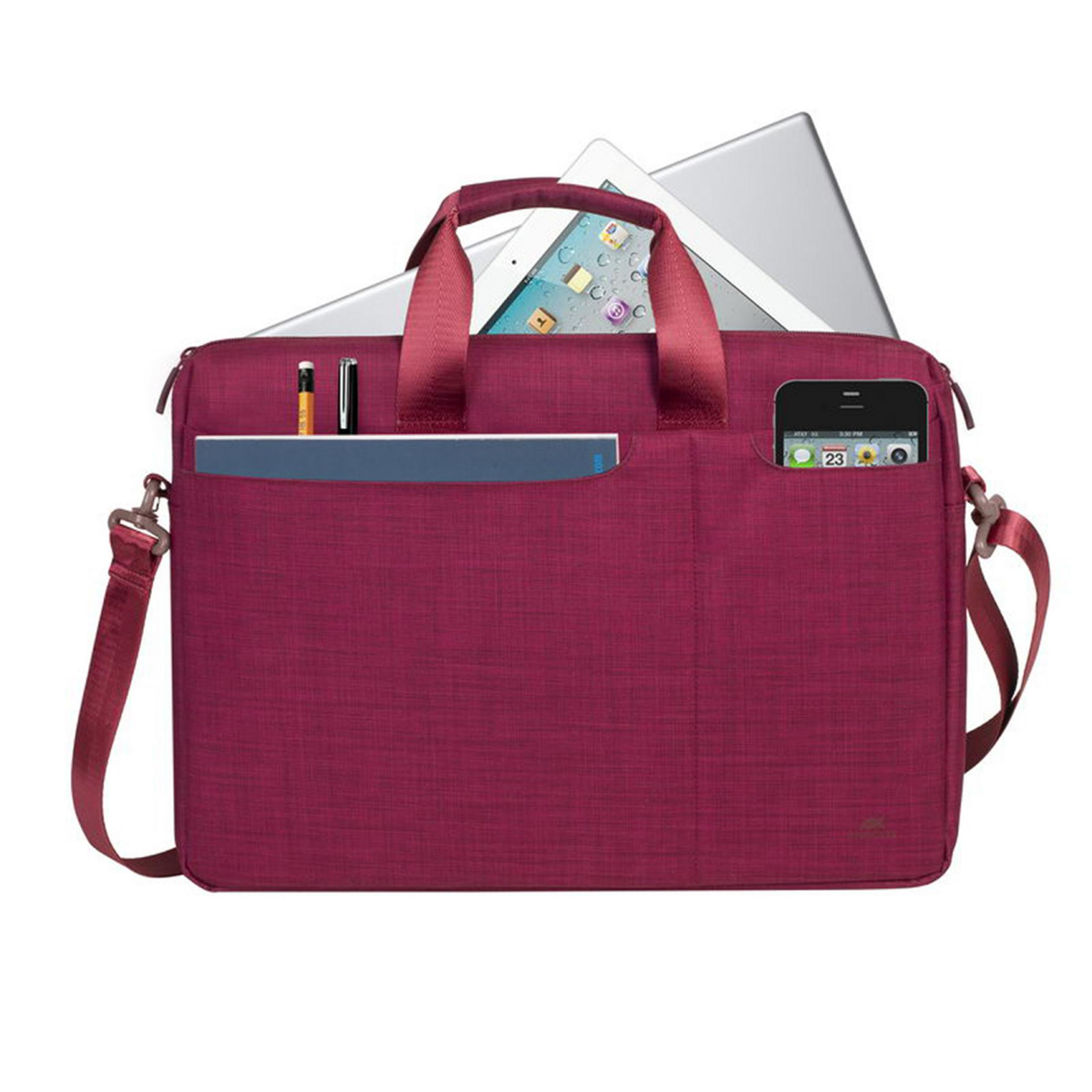 Weinrote Laptoptasche mit Tablet, Telefon, Stiften und Notizbuch in den Taschen.