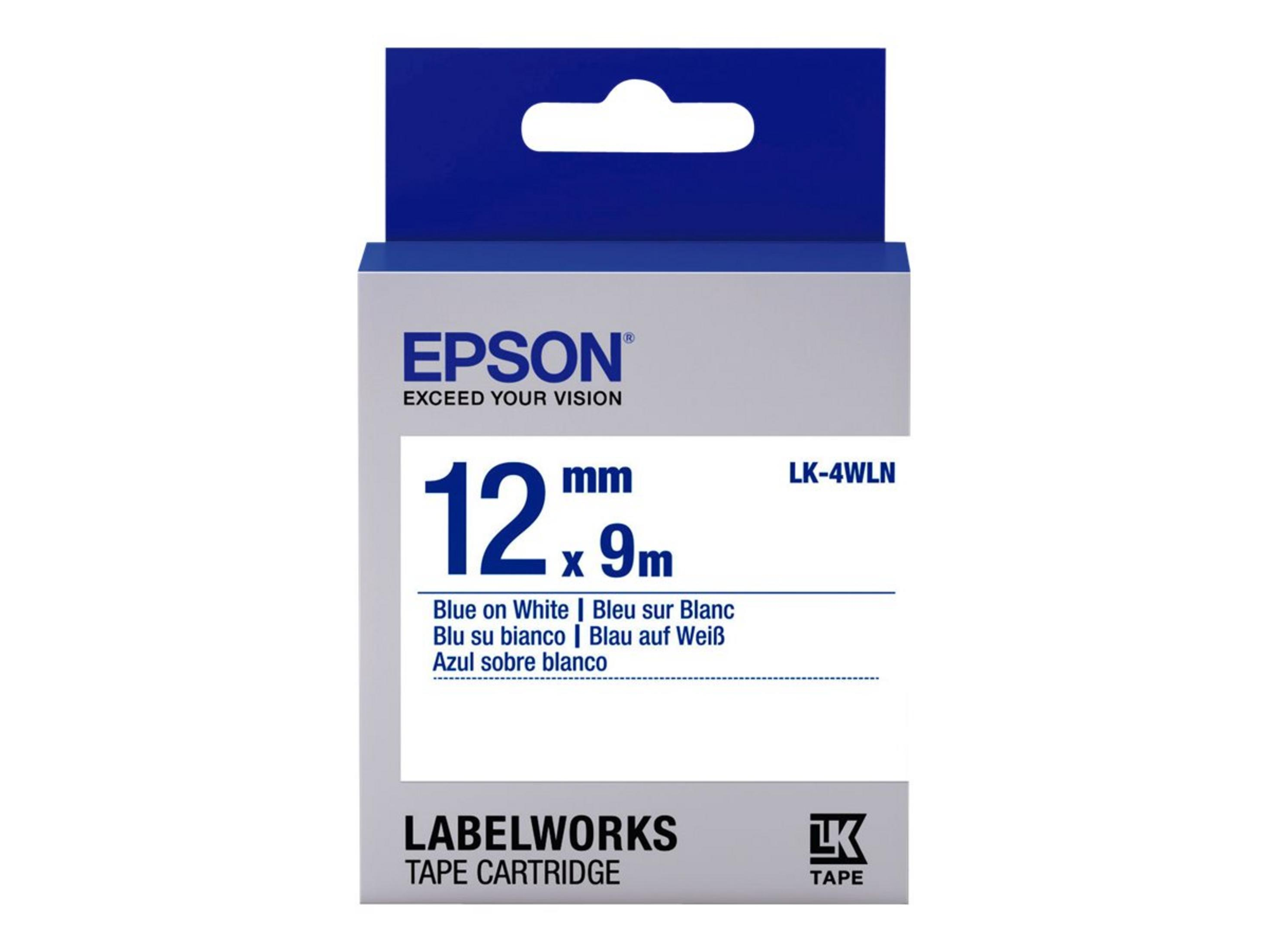Epson Labelworks-Bandkassette mit blau-weißer Verpackung. Text: '12 mm x 9m'.