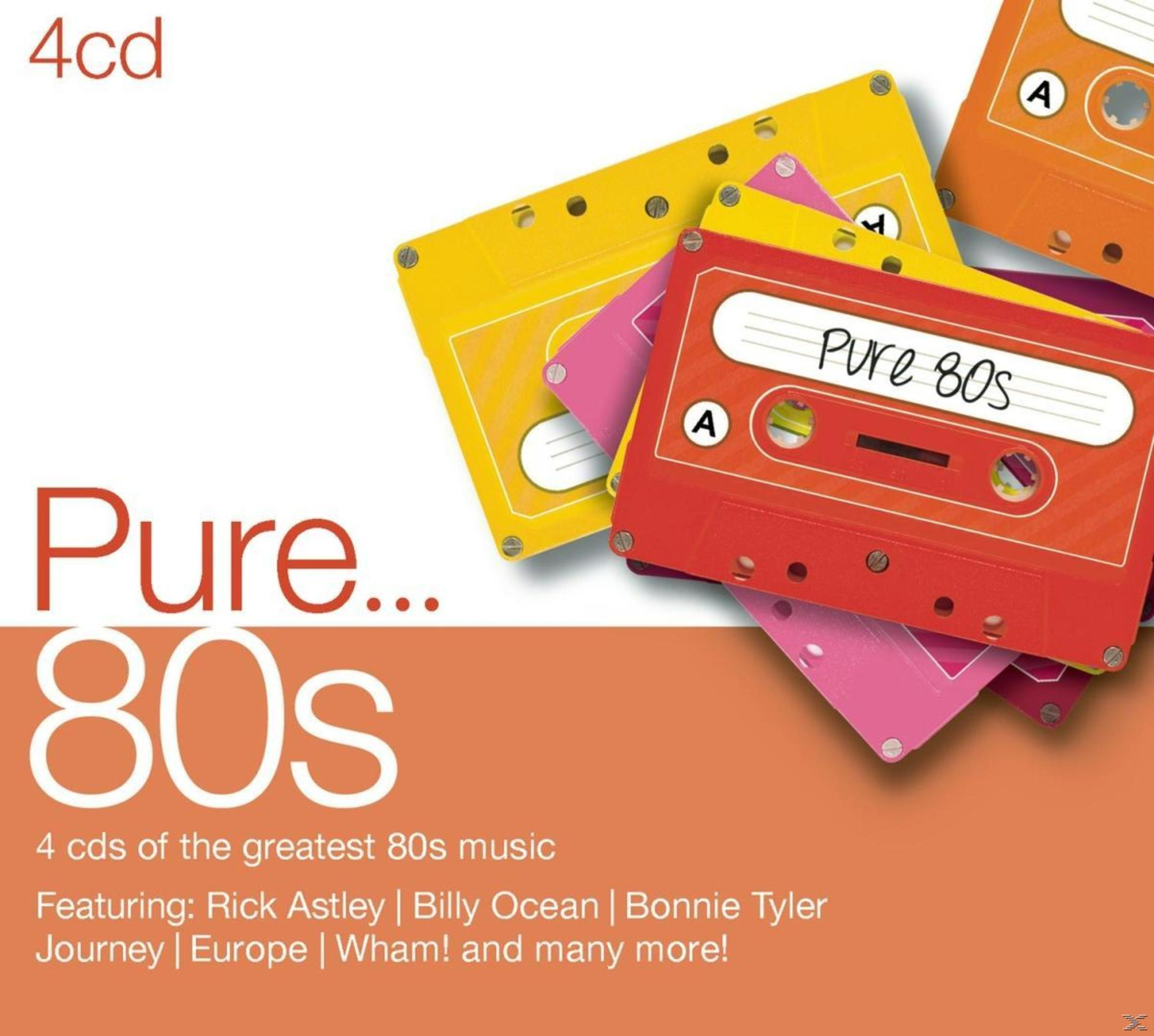 CD-hoes: Pure 80s, met kleurrijke cassettes. Oranje achtergrond met tekst.