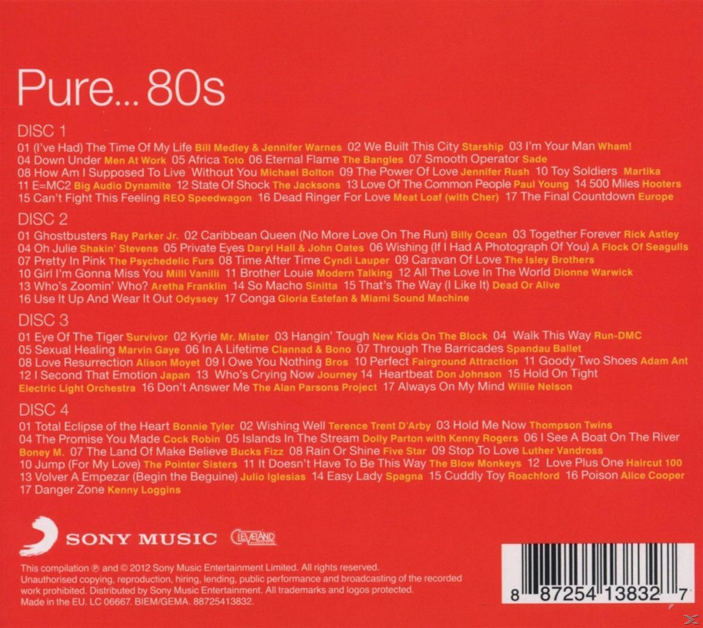 Achterkant cd, Pure 80s tracklist. Zwarte tekst op witte achtergrond.