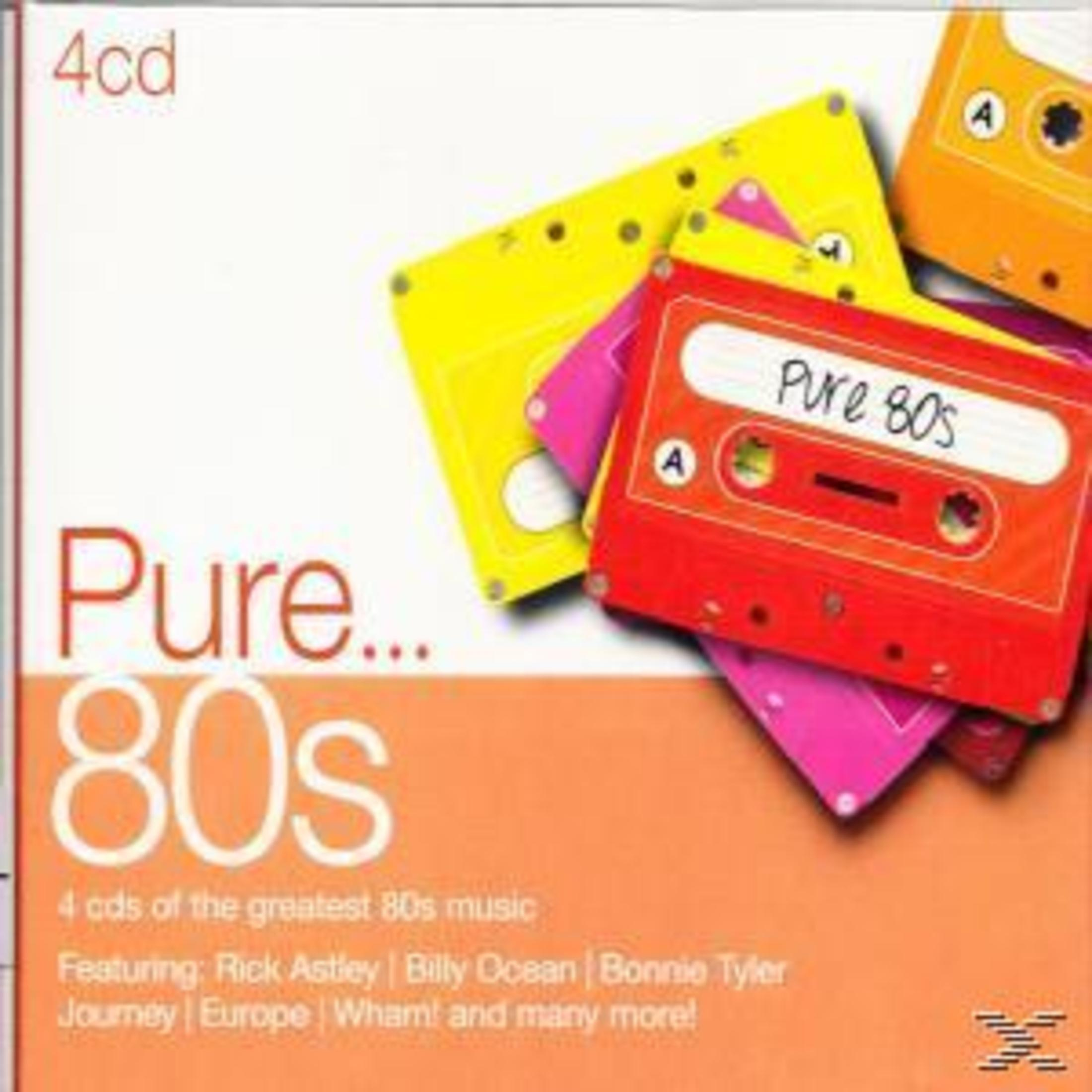 CD-hoes: Pure 80s, met kleurrijke cassettes. Oranje achtergrond met tekst.